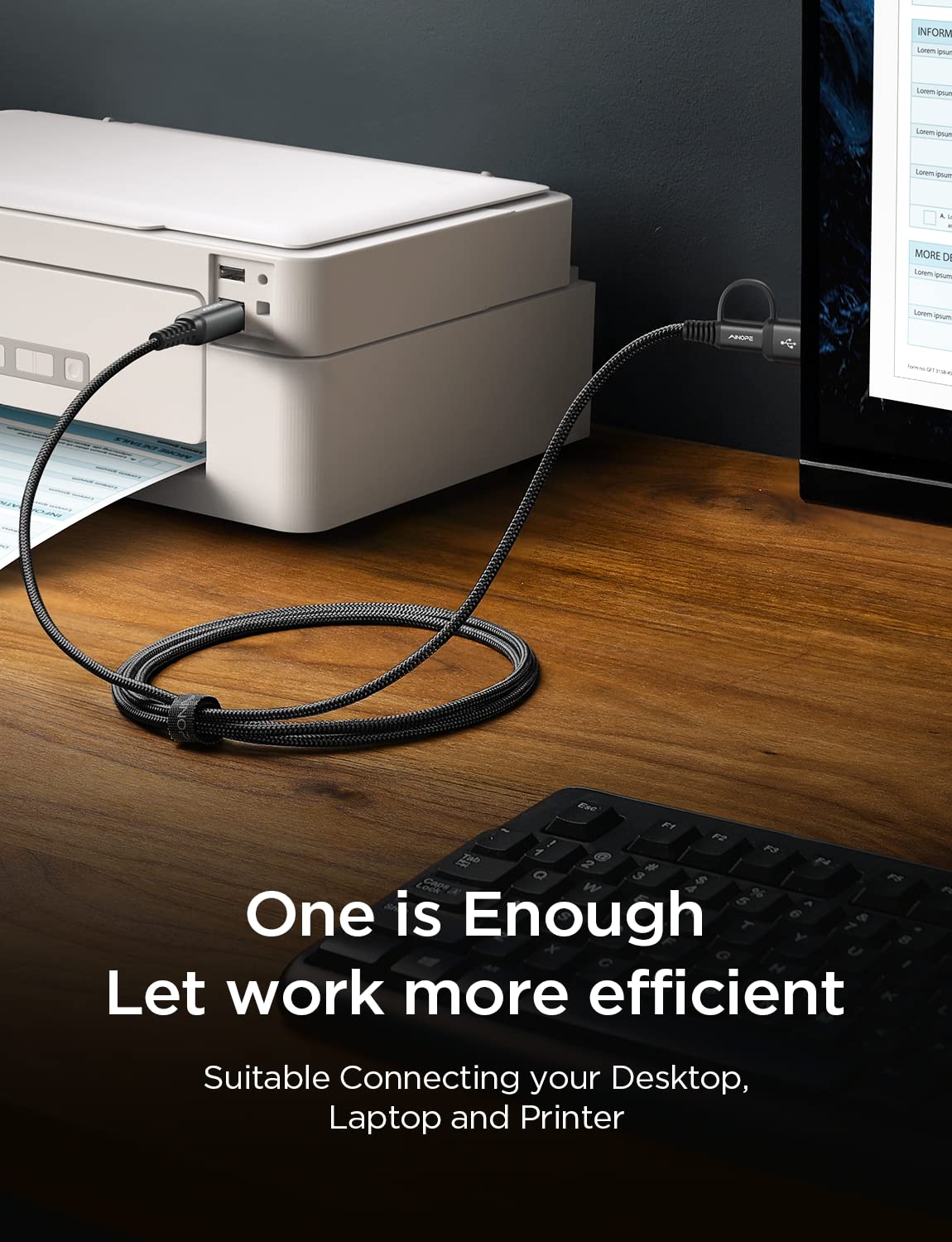 Ainope Usb Printer Cable High Speed Nylon Braided [2 In 1], 6.6Ft Black [Never Rupture] Usb B To Usb C Printer Cord For Macbook