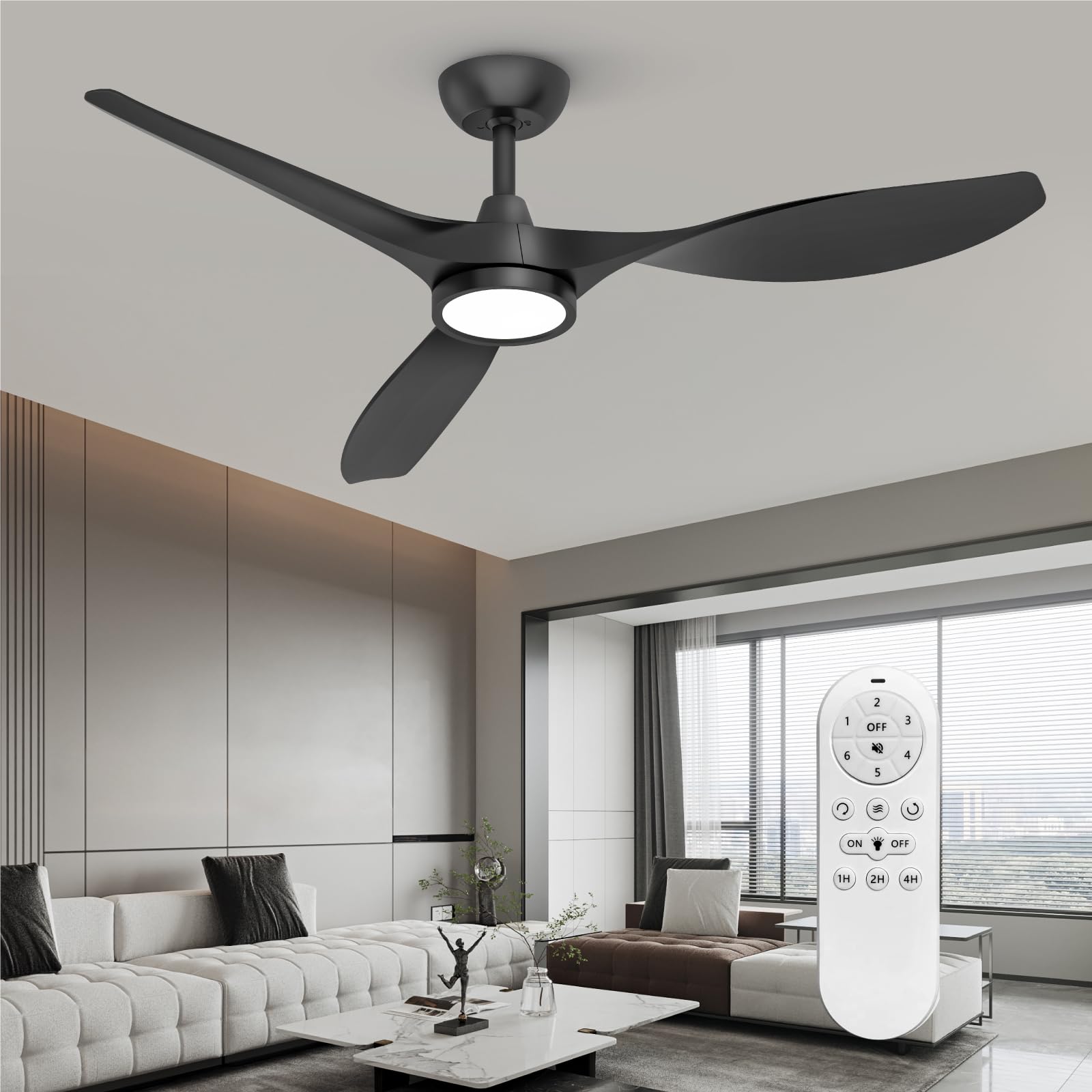 Roomratv 52 Modern Black Ceiling Fans with Lights, DC Motor, Quiet, Noiseless, 6 Speed, 3 CCT Memory, Reversible, Plastic Blades
