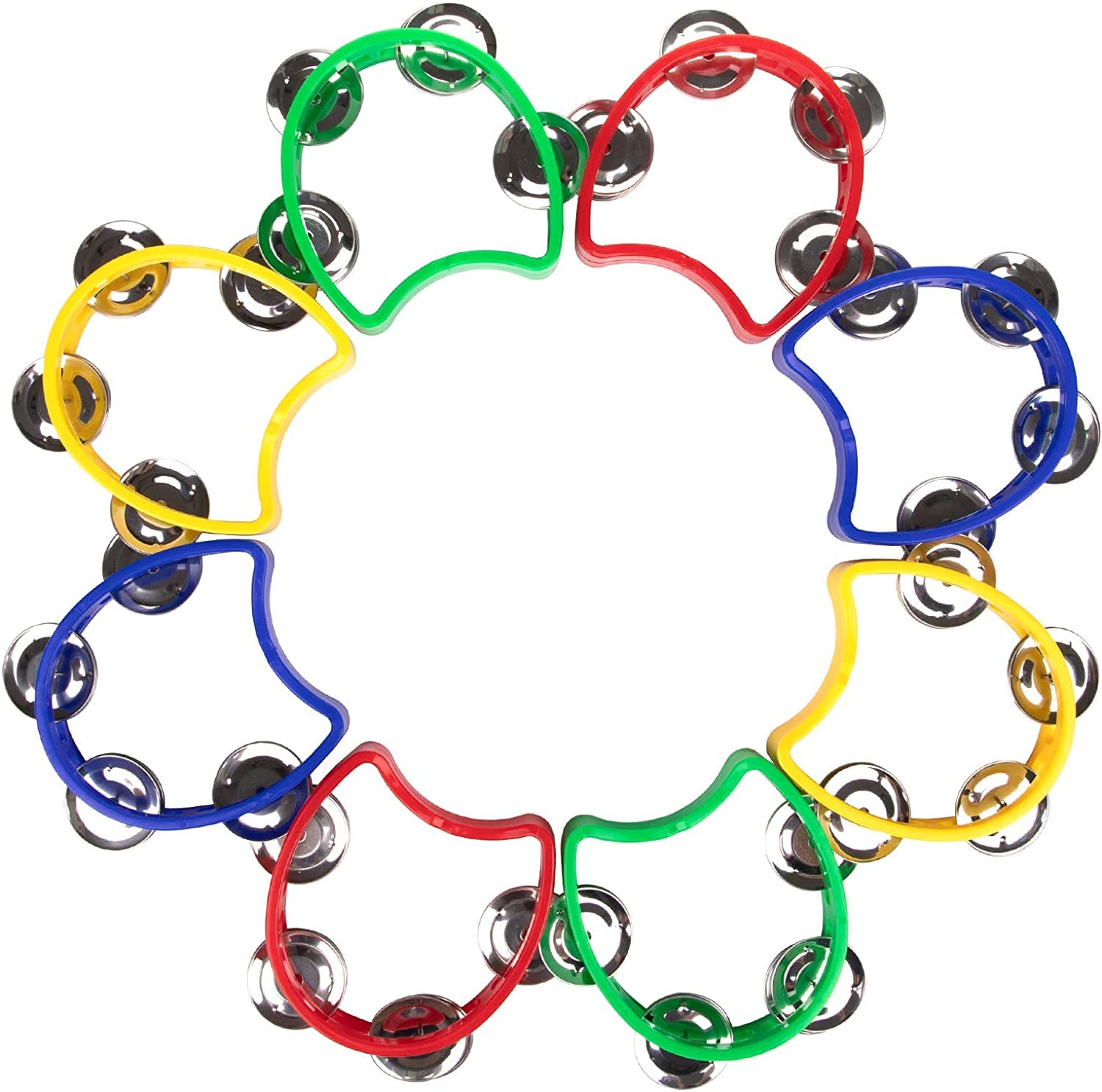 Foraineam 8 Pack Plastic Tambourines Handheld Tambourine Bells Musical Hand Percussion Jingles Music Instrument