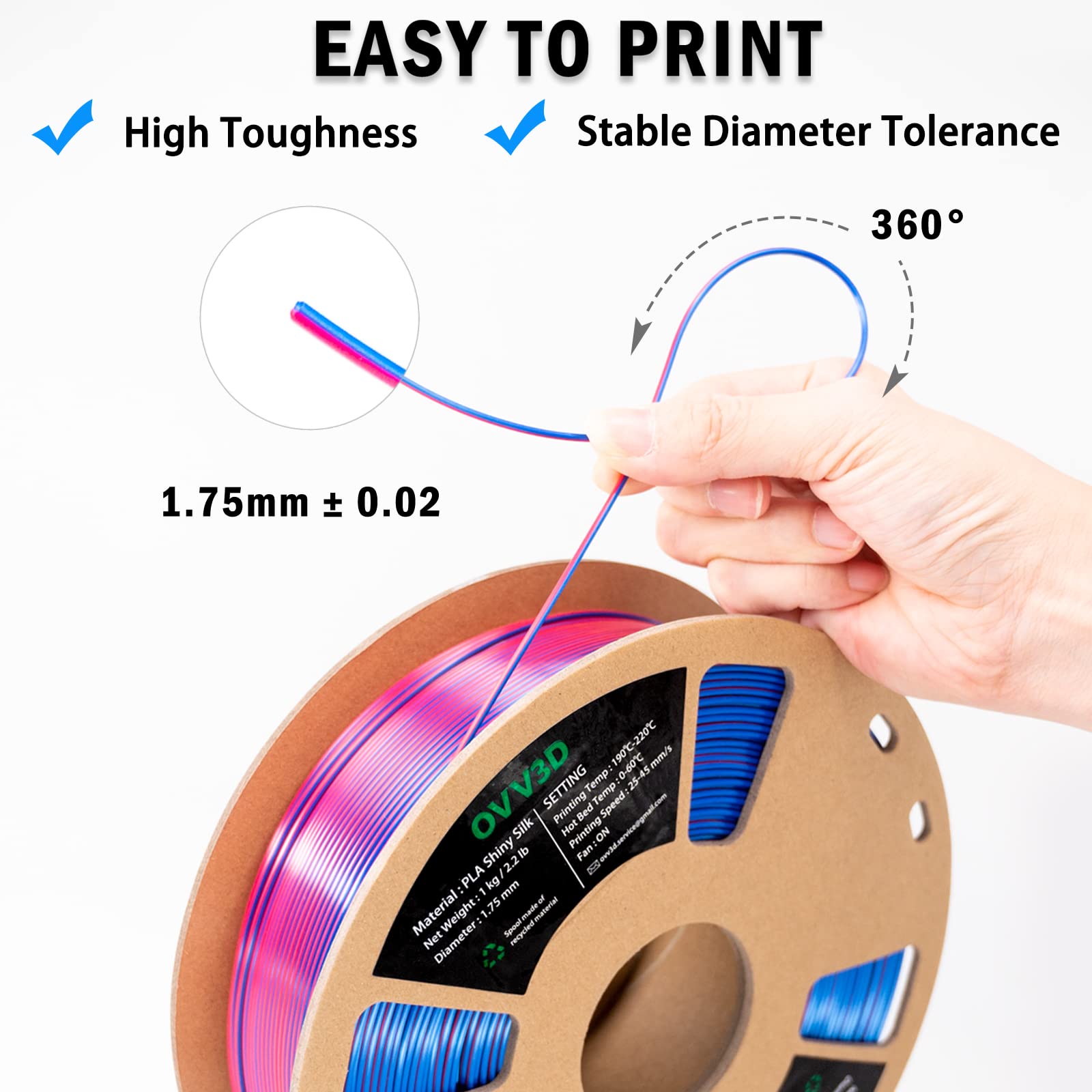 Ovv3D Pla Filament 1.75Mm, Silk Pla Dual Color 3D Printer Filament, Blue Red Coextrusion Filament, Color Change Every Inch Filam