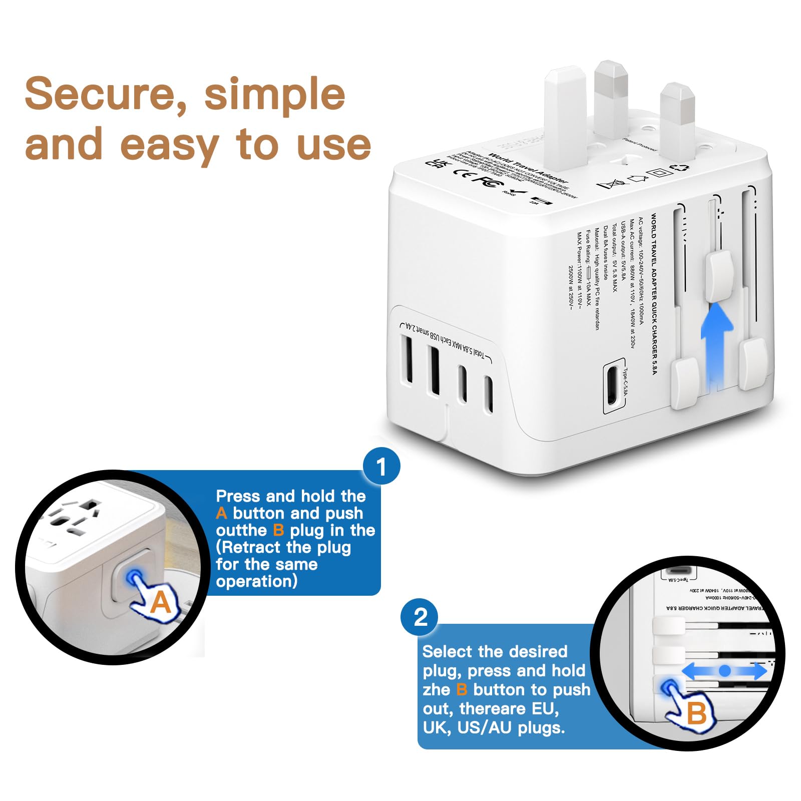 Universal Travel Adapter, Travel Charger 5.8A Smart Power Plug Adapter With 3 Usb Type C And 2 Usb A Power Adapters, For Usa, Eu