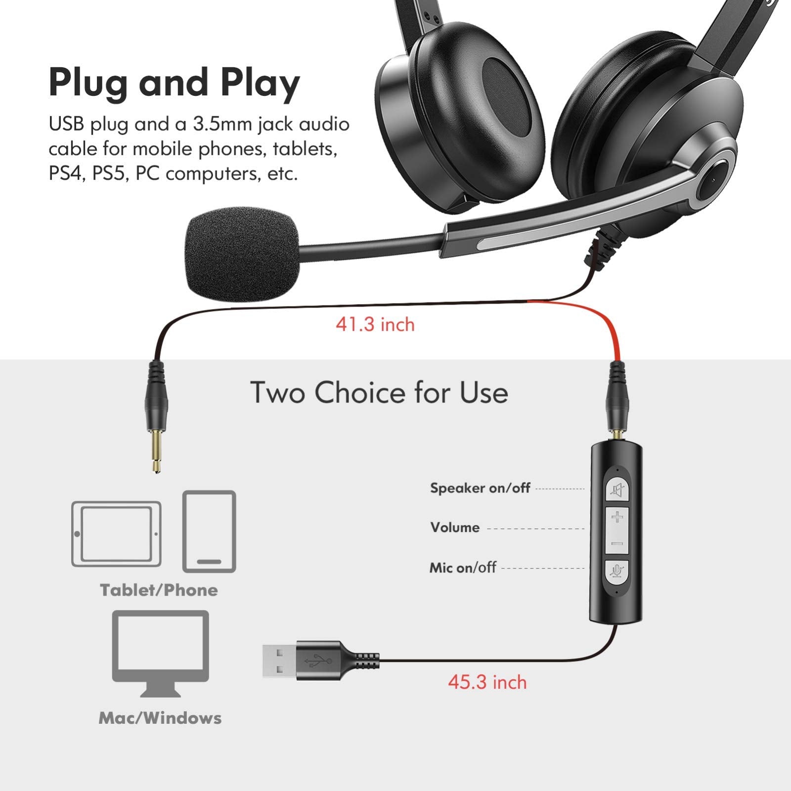 Usb Computer Headset With Microphone For Laptop Pc,3.5Mm Wired Stereo Call Center Headset With Microphone Noise Cancelling, Corded Desktop Headphones With Mic & Mute For Office/Telework/Home/Zoom