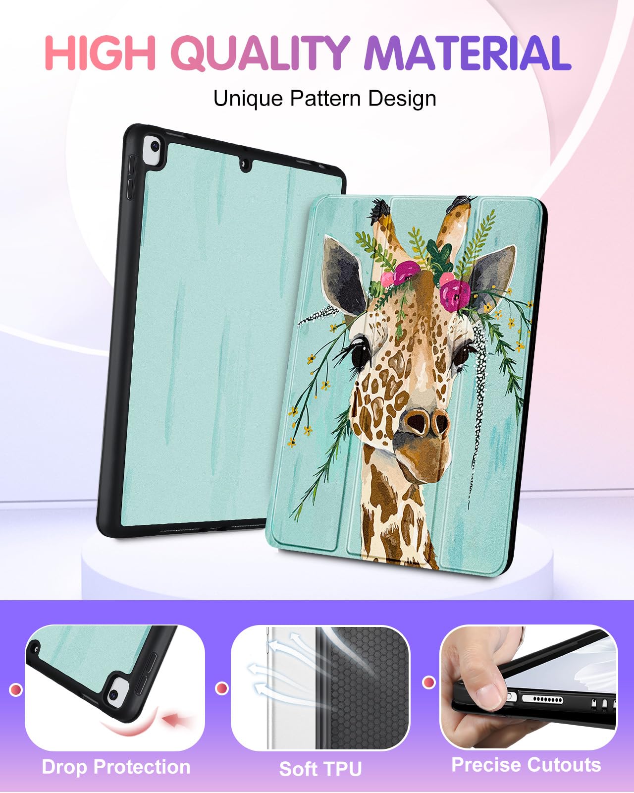 Uppuppy For Ipad 9Th/8Th/7Th Generation Case 10.2 Inch Girls Cute Women Folio Smart Cover With Pencil Holder Giraffe Cartoon Coo