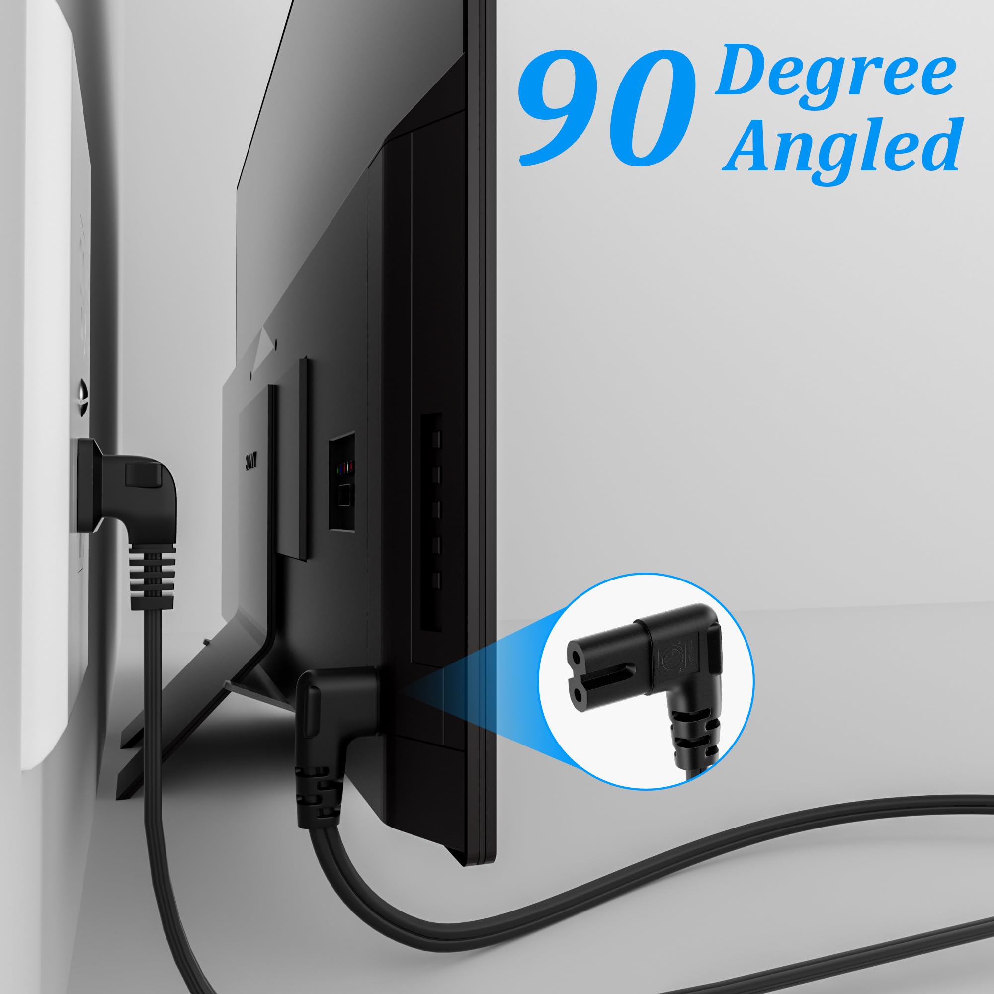 2 Slot Non Polarized Right Angle Power Cord 20 Ft, Nema 1 15P To Iec C7 90 Degree Ac Power Cable, Universal (Figure 8) Power Sup