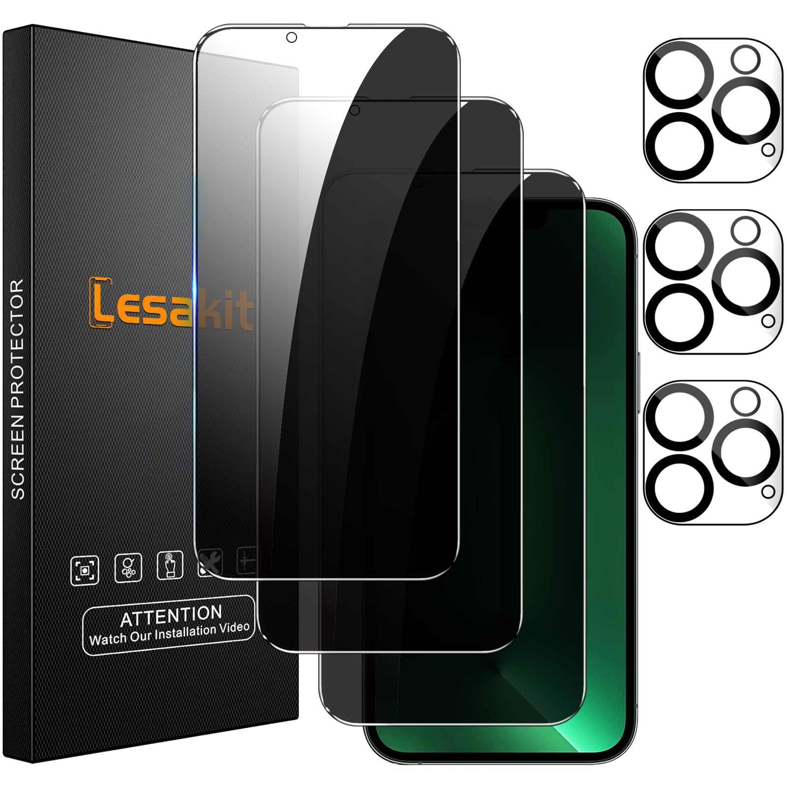 Lesakit 3+3 Pack Privacy Screen Protector For Iphone 13 Pro Max 6.7 Inch With 3 Pack Camera Lens Protector, Anti Spy Tempered Gl