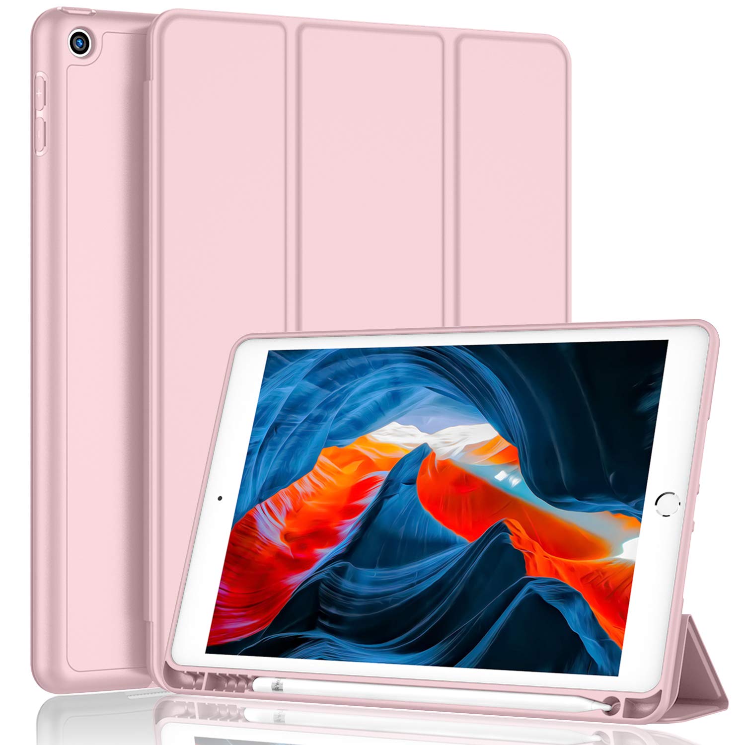 Imieet Ipad 9Th Generation Case 2021/Ipad 8Th Generation Case 2020 10.2 Inch With Pencil Holder, Ipad 7Th Gen 2019 Case With Soft Baby Skin Silicone Back, Auto Wake/Sleep Cover (Pink)