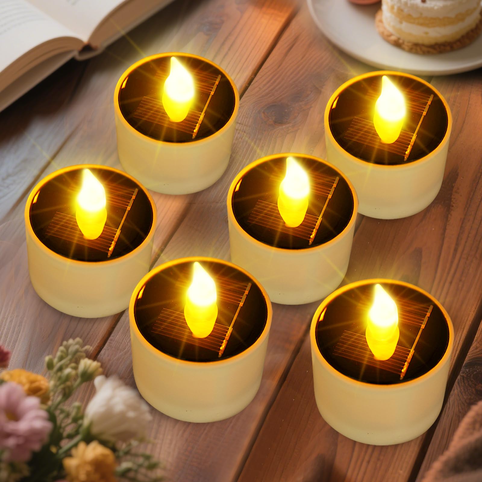 Solar Tea Lights Outdoor - 6 Pack Waterproof Rechargeable Dusk to Dawn Outdoor Lighting Flameless Flicker Reusable LED Solar Can
