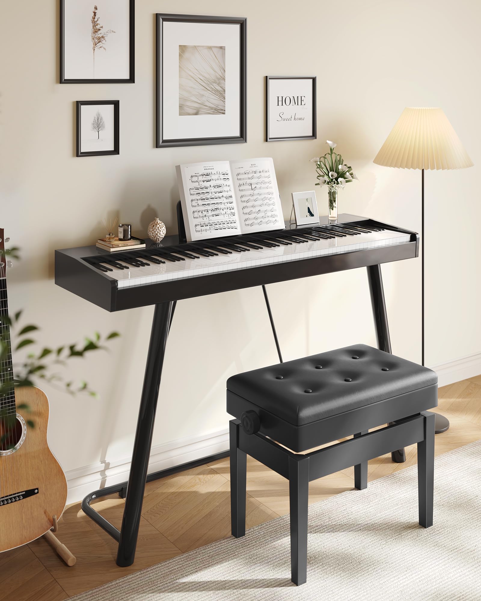 Songmics Adjustable Wooden Piano Bench Stool With Sheet Music Storage Black Ulpb57H