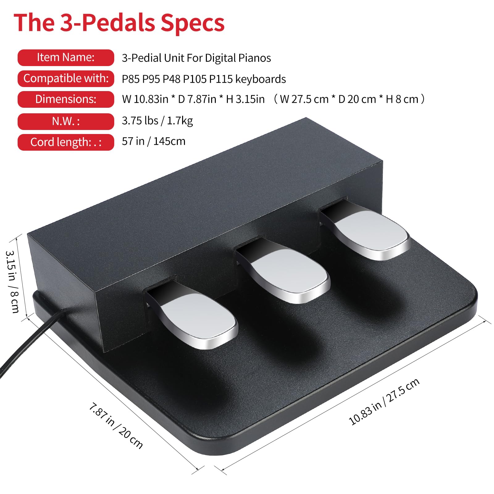 Atnedcvh 3 Pedal For Digital Keyboard Piano, Three Pedal Unit For Yamaha P85 P95 P48 P105 P115 Electric Pianos Keyboards