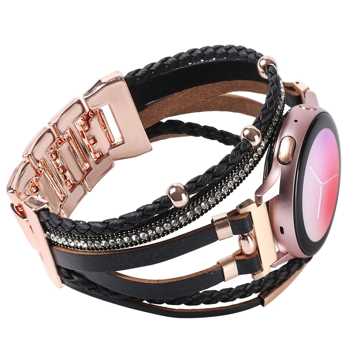Posh Leather Bands For Samsung Galaxy Watch 5/Watch 6/Watch 4 Band 40Mm 44Mm/Galaxy Watch 5 Pro Band/Watch 4/ Watch 6 Classic Band, 20Mm Boho Bracelet Handmade Strap For Women (Black/Rose Gold)