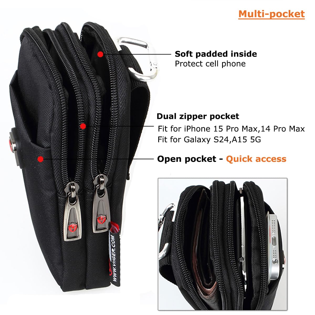 VIIGER Nylon Dual Phone Holster Belt Case - Black, Compatible with iPhone 17 Pro Max, 2 Zipper Pockets, Men's Belt Pouch