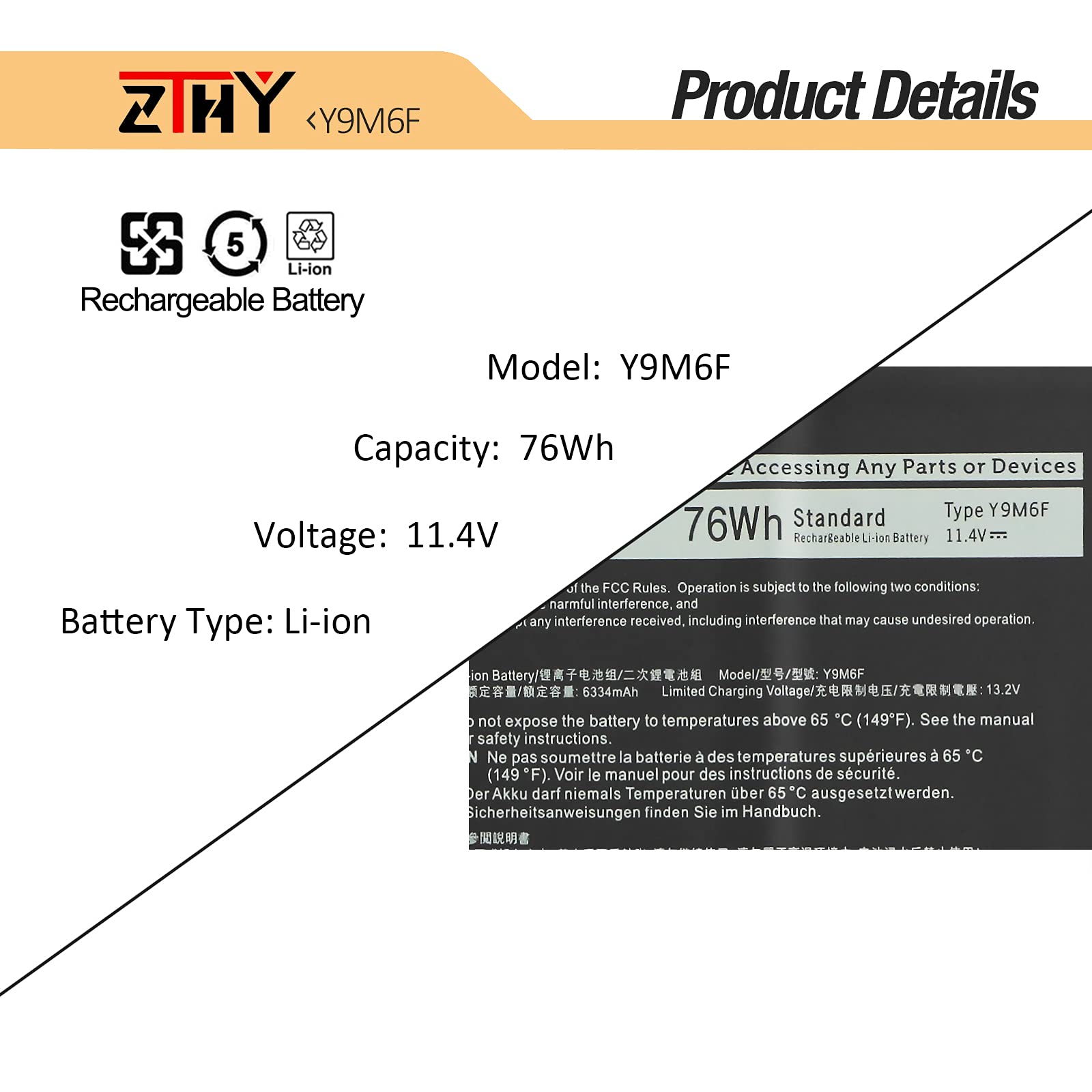 ZTHY Laptop Battery Y9M6F for Dell Alienware M15 R2 M17 R2 76Wh 11.4V Black