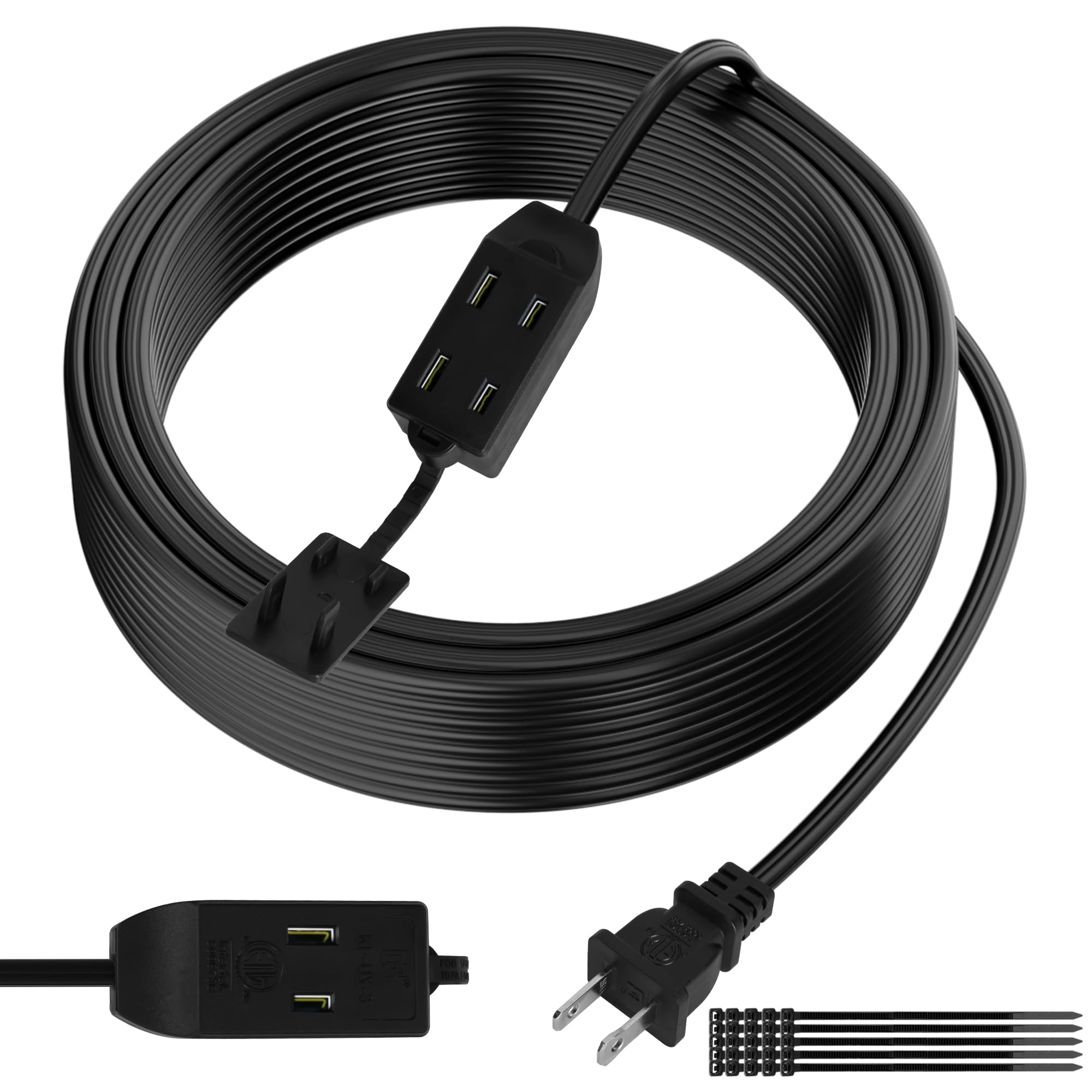 2 Prong Extension Cable 25 Ft, Extra Long Power Cord With 3 Outlets, Flat Multiple Cable With Tamper Guard, Etl Listed, Outlet S