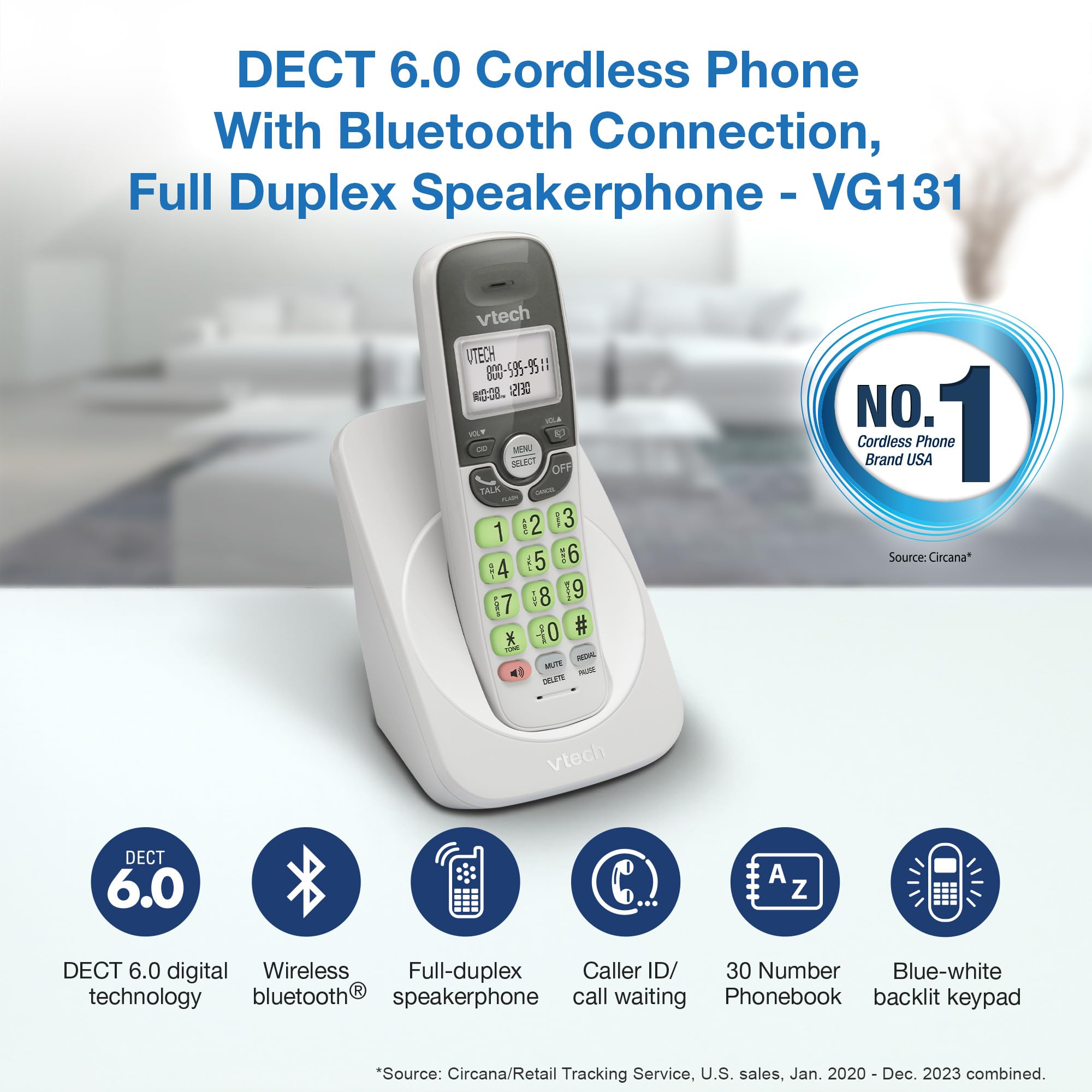 [New] Vtech Vg131 Dect 6.0 Cordless Phone - Bluetooth Connection, Blue-White Display, Big Buttons, Full Duplex Speakerphone, Cal