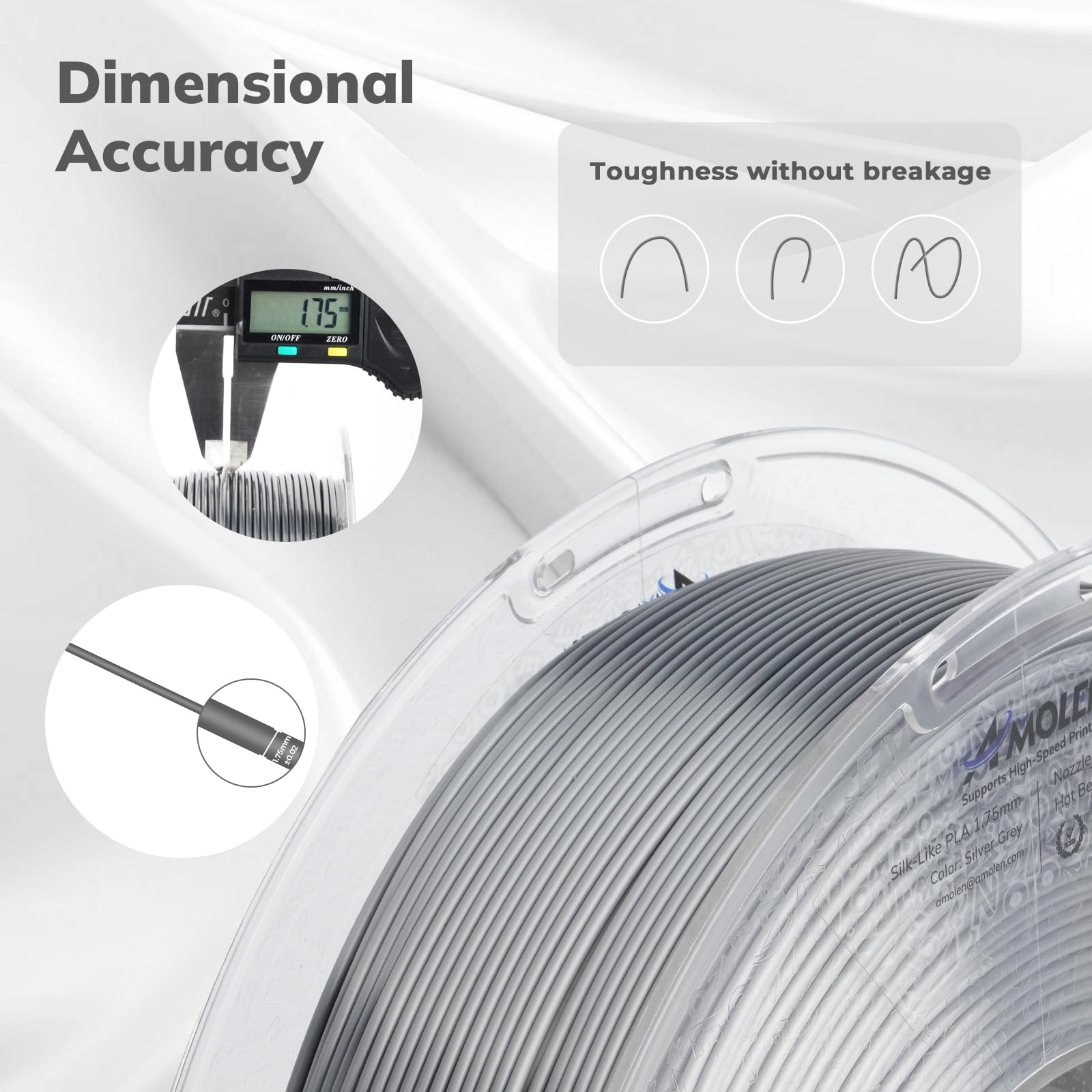 Amolen Silk Pla Filament 1.75Mm 3D Printer Filaments, Shiny Silver Grey Filament For 3D Printing, 1Kg(2.2Lbs) Spool, Compatible