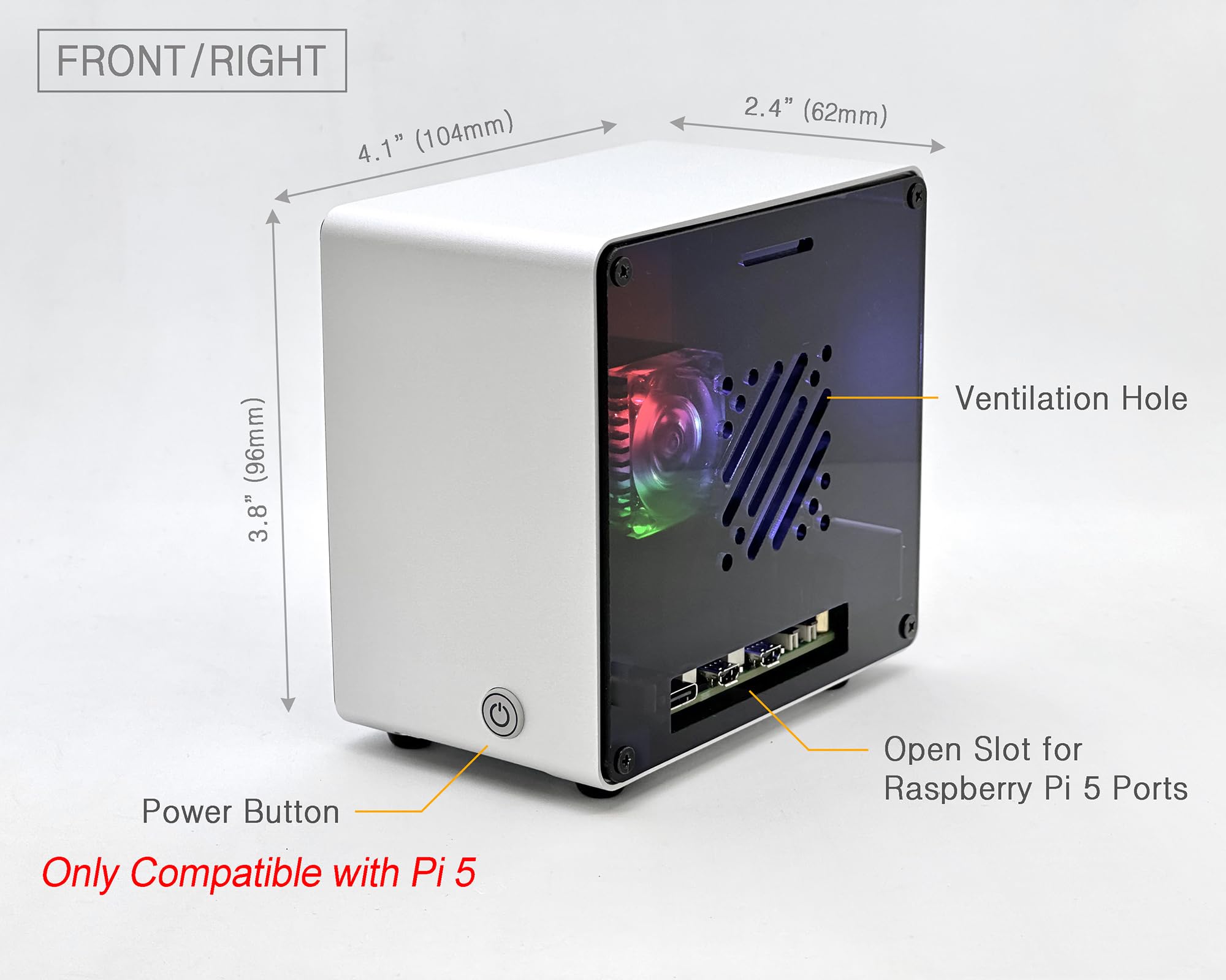 Electrocookie Raspberry Pi 5 Case, Aluminum Mini Tower Case With Cooling Fan And Color Changing Ambient Light (Silver)