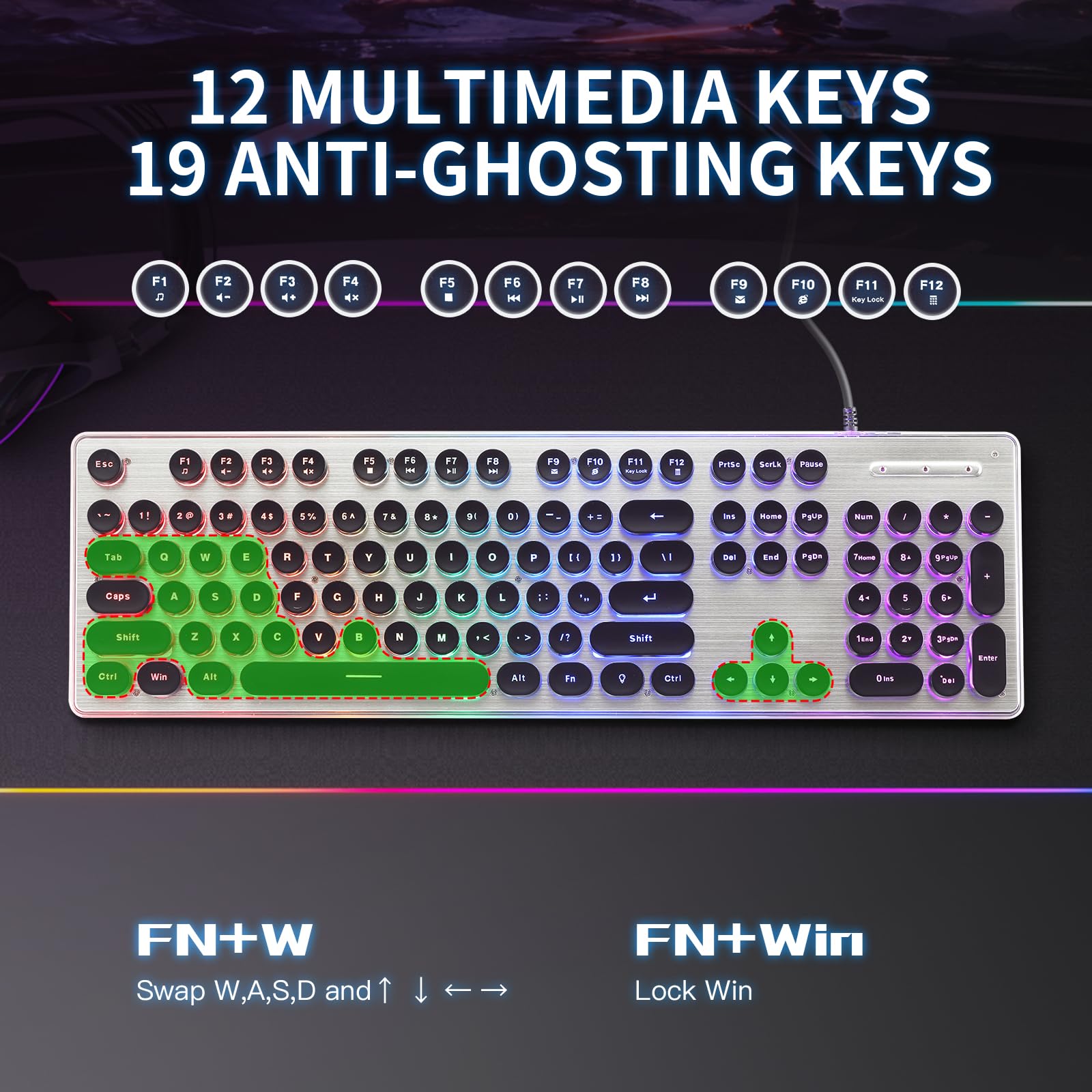 Answk Typewriter Style Gaming Keyboard With Metal Panel, Rainbow Led Backlit, Round Keys, Anti Ghosting, Spill Resistant, Light