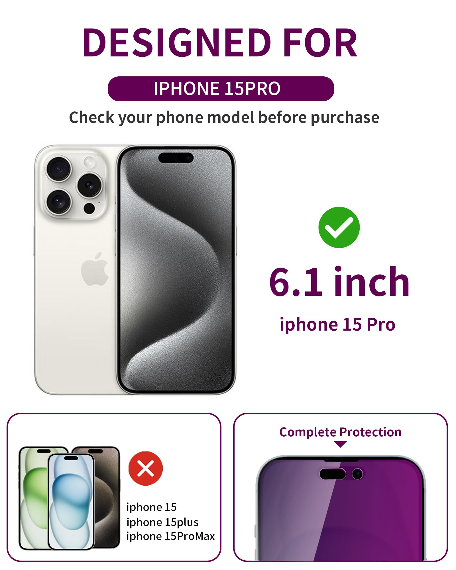 Ifaeveus 2 Pack Privacy Screen Protector For Iphone 15 Pro Tempered Glass For 15Pro 6.1Inch Private Saver Anti Spy Anti Blue Lig