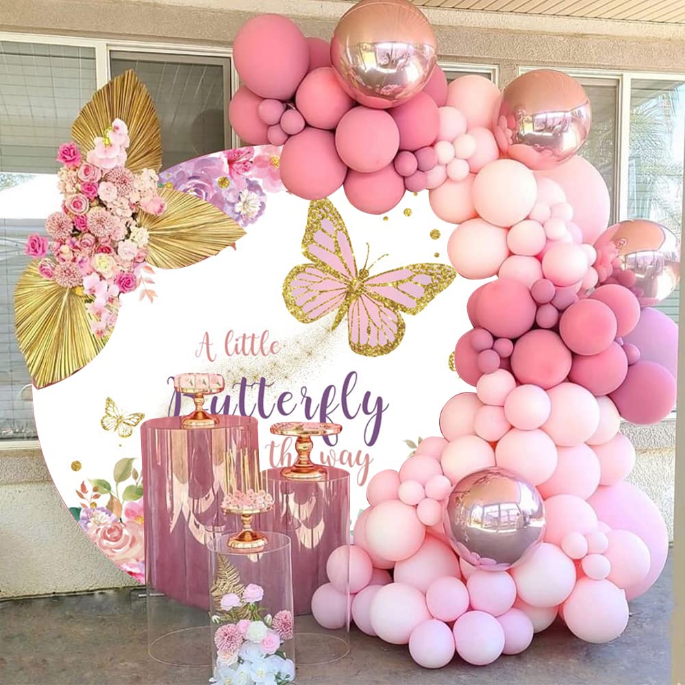 Oerju 6X6Ft Butterfly Round Backdrop Cover A Little Butterfly Is On The Way Watercolor Flower Photography Background Baby Shower