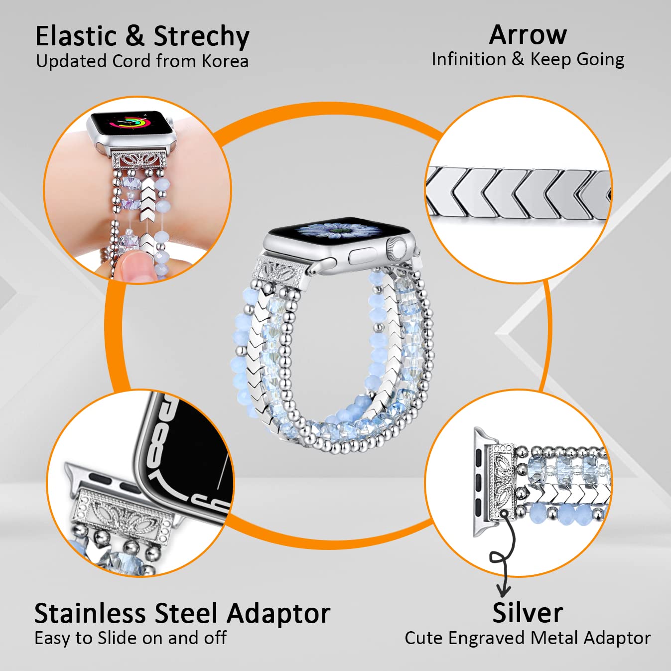 Fastgo Beaded Bracelet Band Compatible With Apple Watch 45Mm 44Mm 42Mm 49Mm Women Series 7, Crystal Elastic Stretchy Strap For I