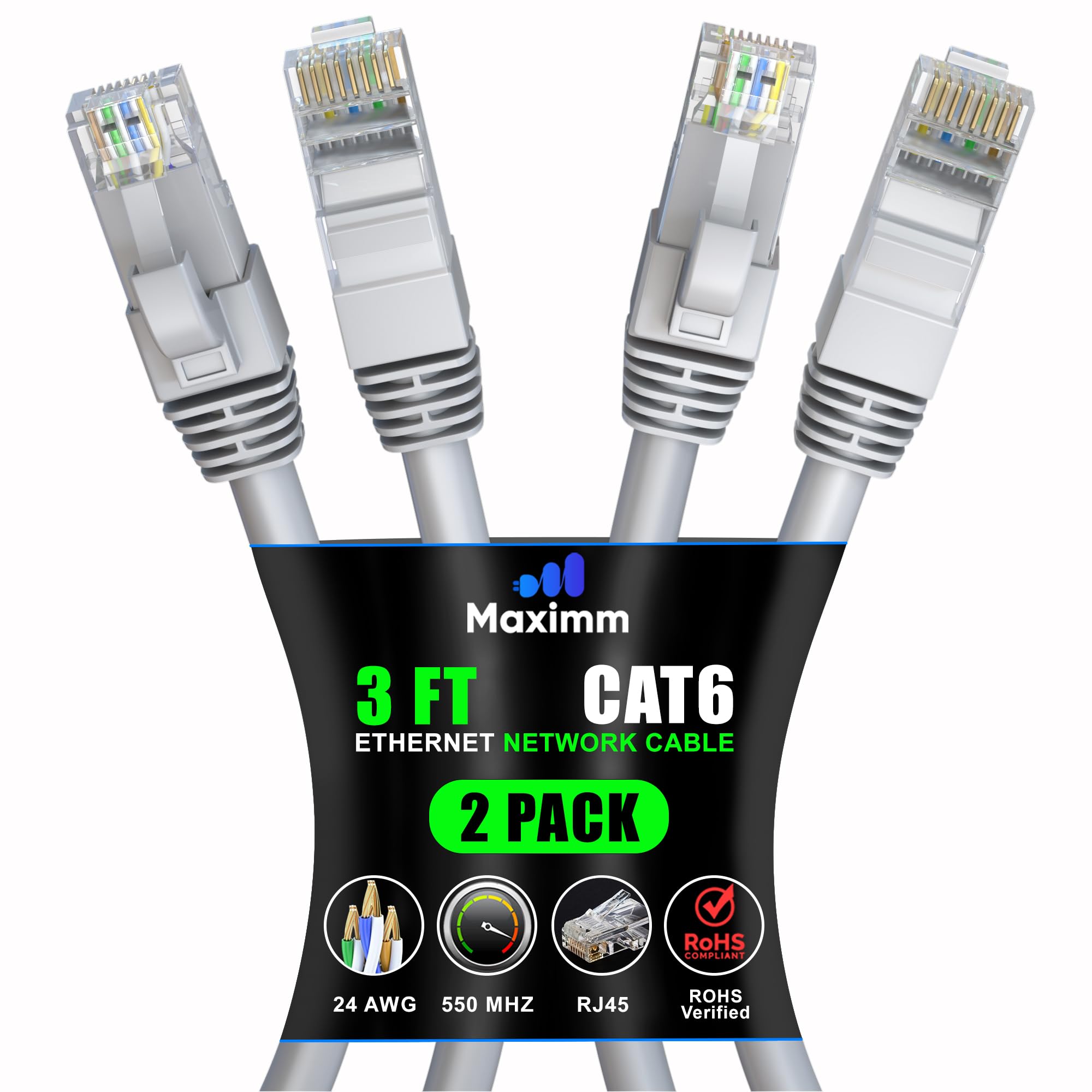 Maximm Cat 6 Ethernet Cable 3 Ft (2 Pack)   High Speed Lan Cable, Internet Cable, Patch Cable, And Network Cable   Utp, 10Gbps, 550Mhz Ethernet Cord   Gray