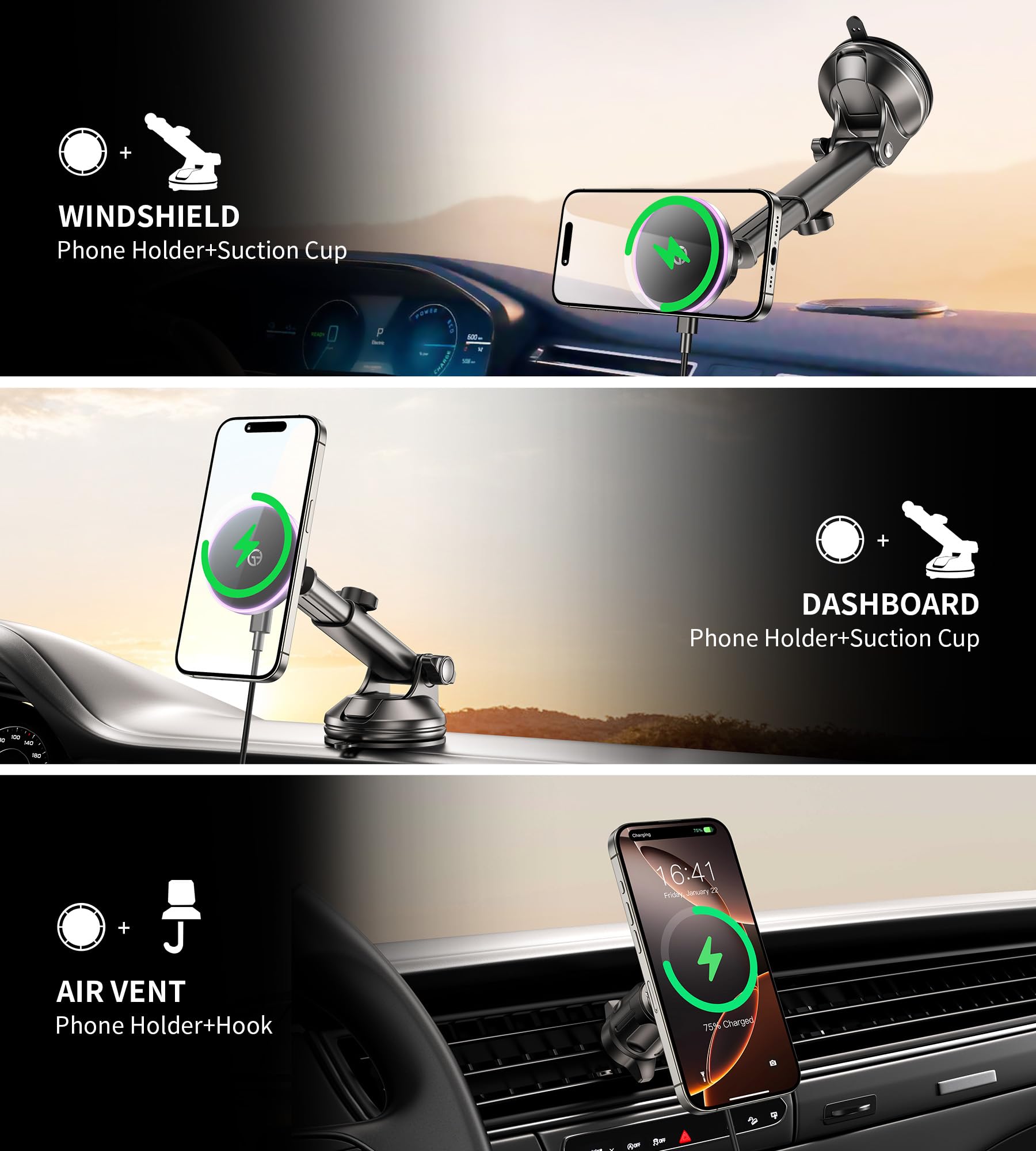 Gumosh For Magsafe Car Mount Charger Dash Vent Windshield Wireless Car Charger With Led Light, Strong Magnetic Phone Holder For