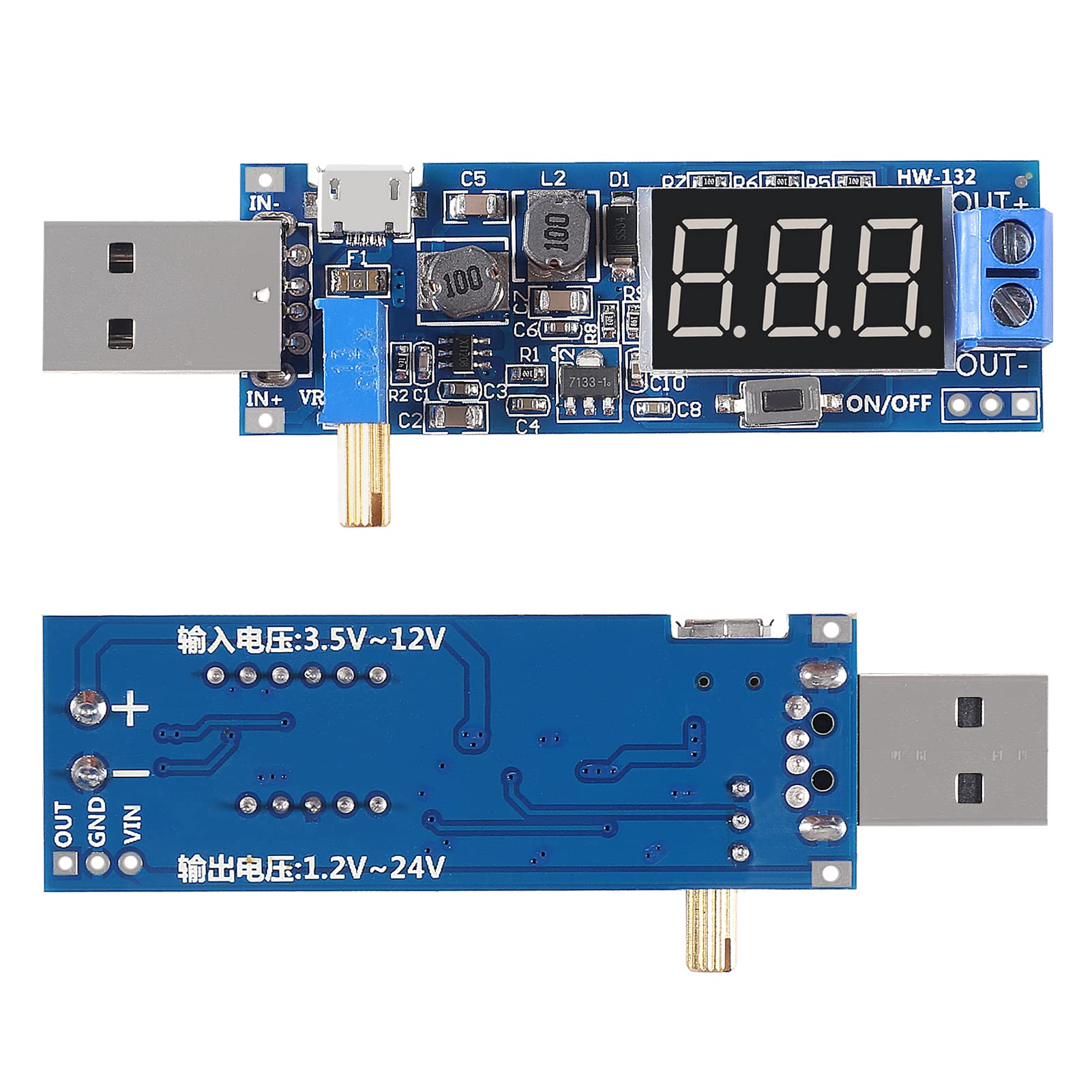 2Pcs Usb Step Up/Down Power Supply Module, Adjustable Dc Dc 5V To 3.5V / 12V Boost Buck Converter Out Dc 1.2V 24V