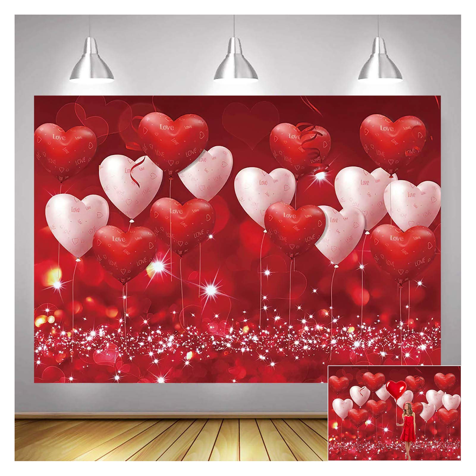 Red Hearts Balloons Love Valentines Day Theme Photography Backdrops 7x5ft Wedding Anniversary Wedding Bridal Shower Mothers Da