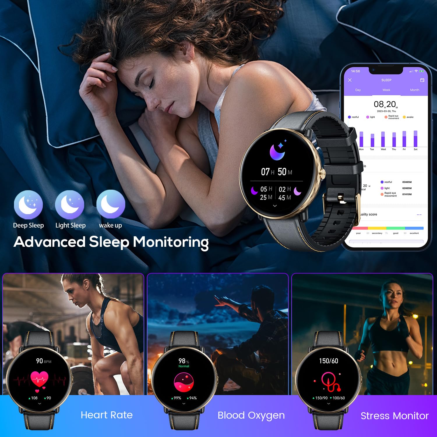 Smartwatch For Men Women Android Ios Phones: Smart Watches Fitness Tracker With 1.43'' Amoled Touchscreen Waterproof Blood Press