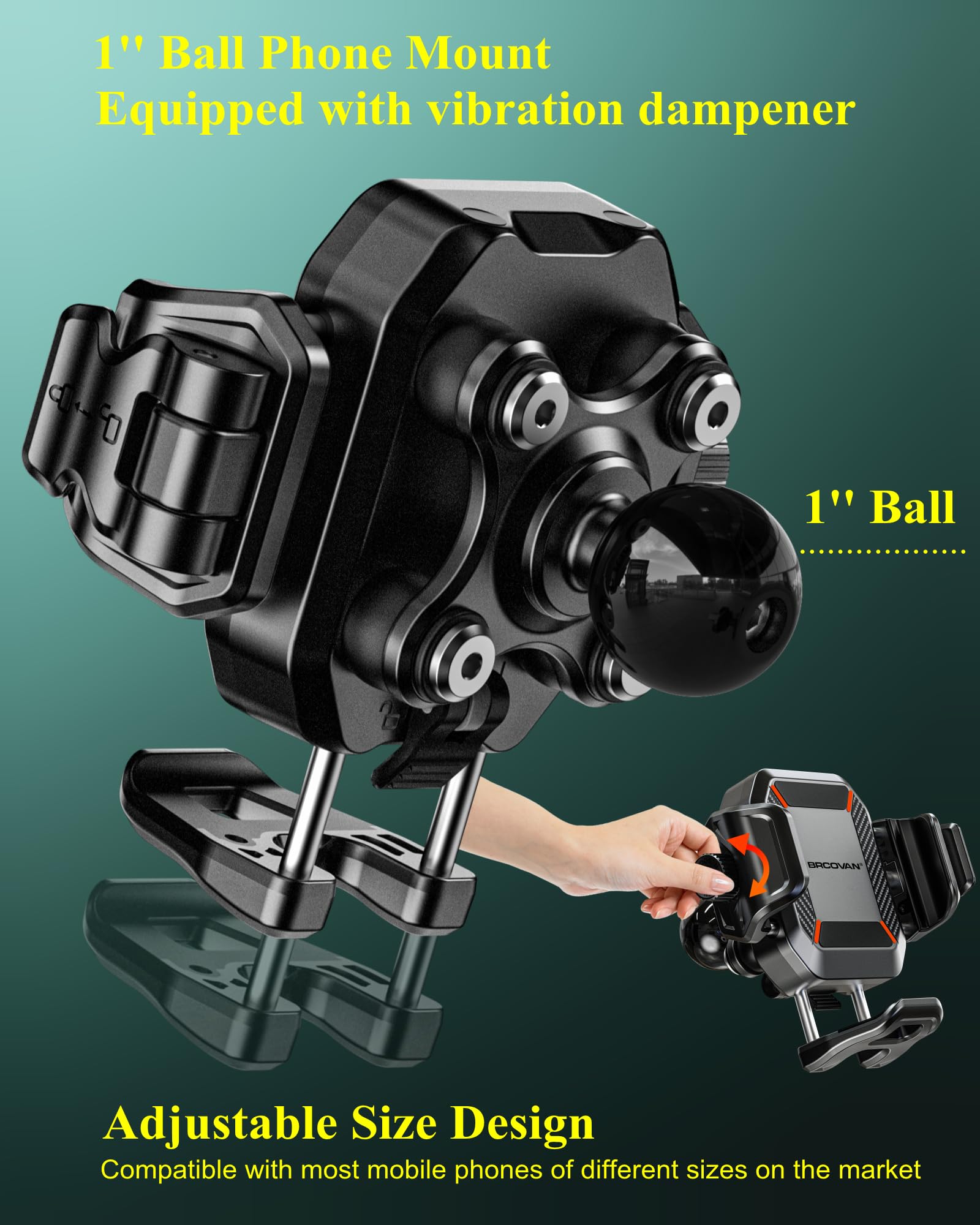 Brcovan 1'' Ball Phone Mount Holder With Vibration Dampener, Compatible With Ram Mounts B Size Double Socket Arm, Adjustable Fit