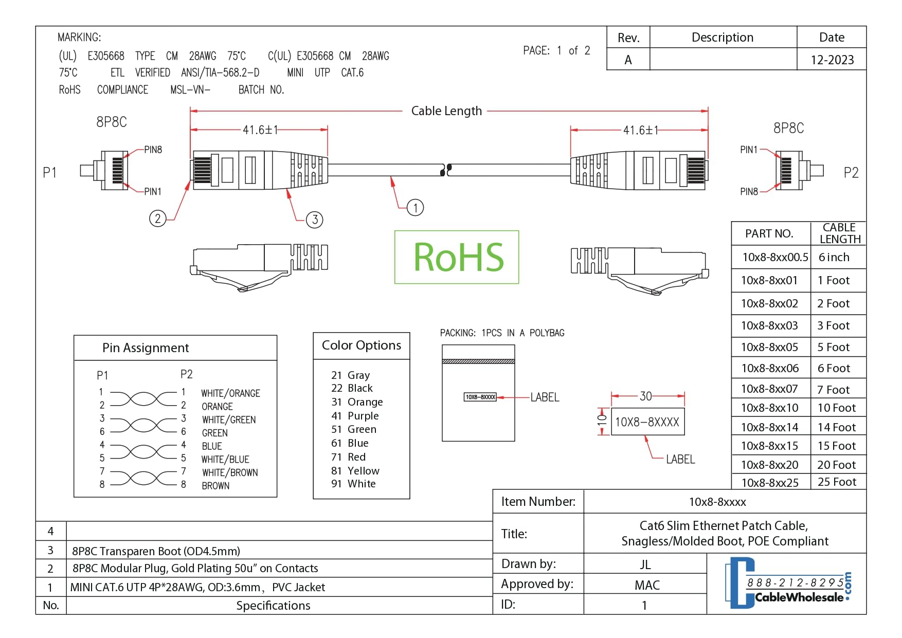 Cat6 Slim Ethernet Patch Cable, 28Awg, Etl Approved, Rj45 Gold Plate Connector Snagless/Boot Unshielded Twisted Pair (Utp), Inte
