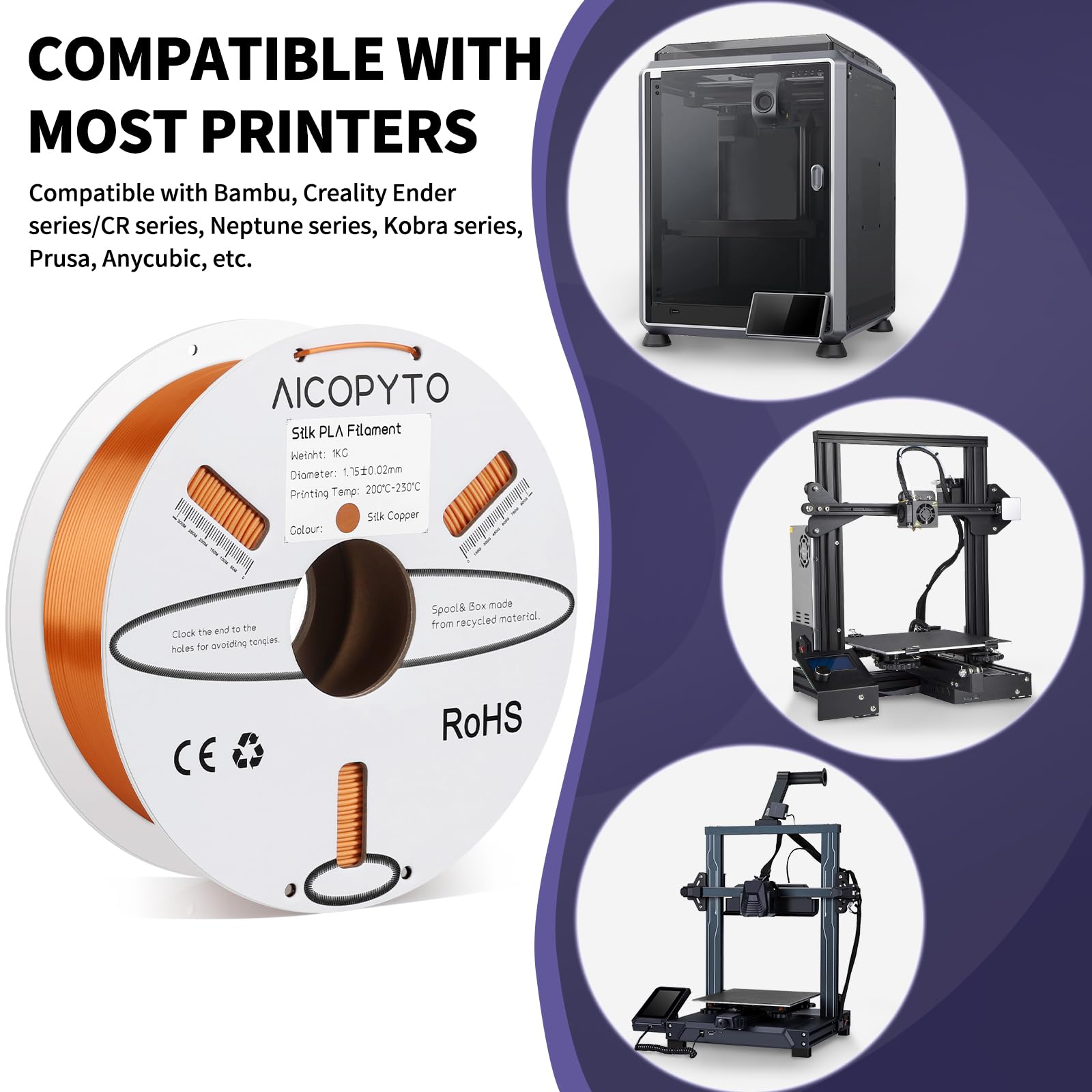 Aicopyto Silk Copper Pla Filament 1.75Mm, 3D Printer Filament Silk Pla Copper 1Kg Spool (2.2Lbs) Dimensional Accuracy Probabilit