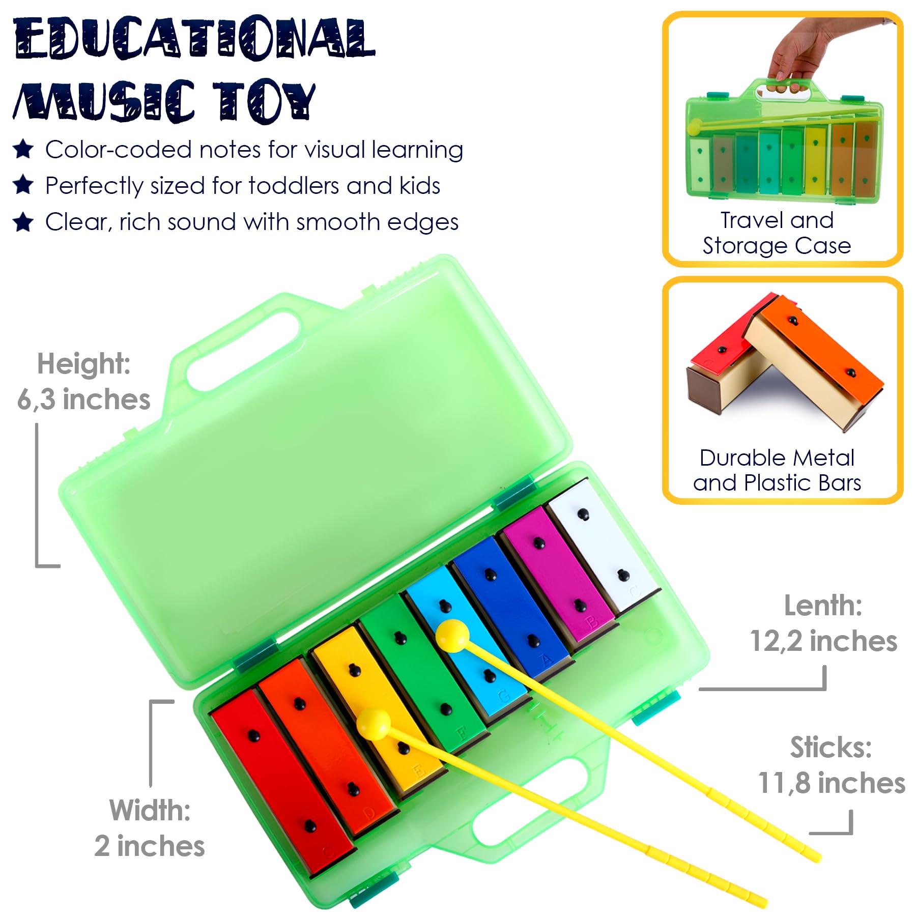 Miniartis Xylophone Glockenspiel 8 Notes Chromatic Resonator Bells For Kids Music Songbook With Green Case Great Holiday Birthda