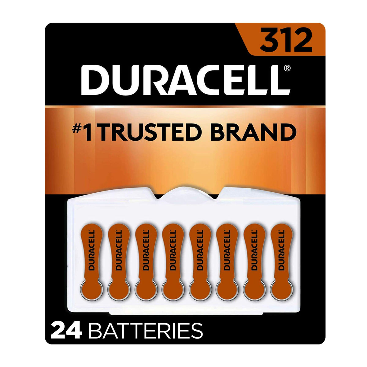 Duracell Hearing Aid Batteries Brown Size 312, 24 Count Pack, 312A Size Hearing Aid Battery With Long Lasting Power, Extra Long