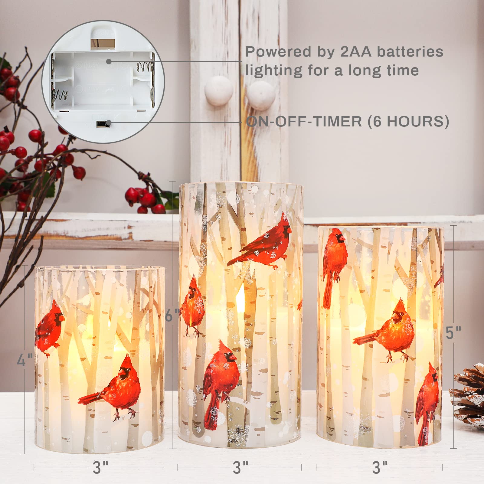 Crystal Club Flameless Candles, Cardinal Theme, (Set Of 3) Battery Operated Led Candles With Remote, Real Wax & Glass Effect Can