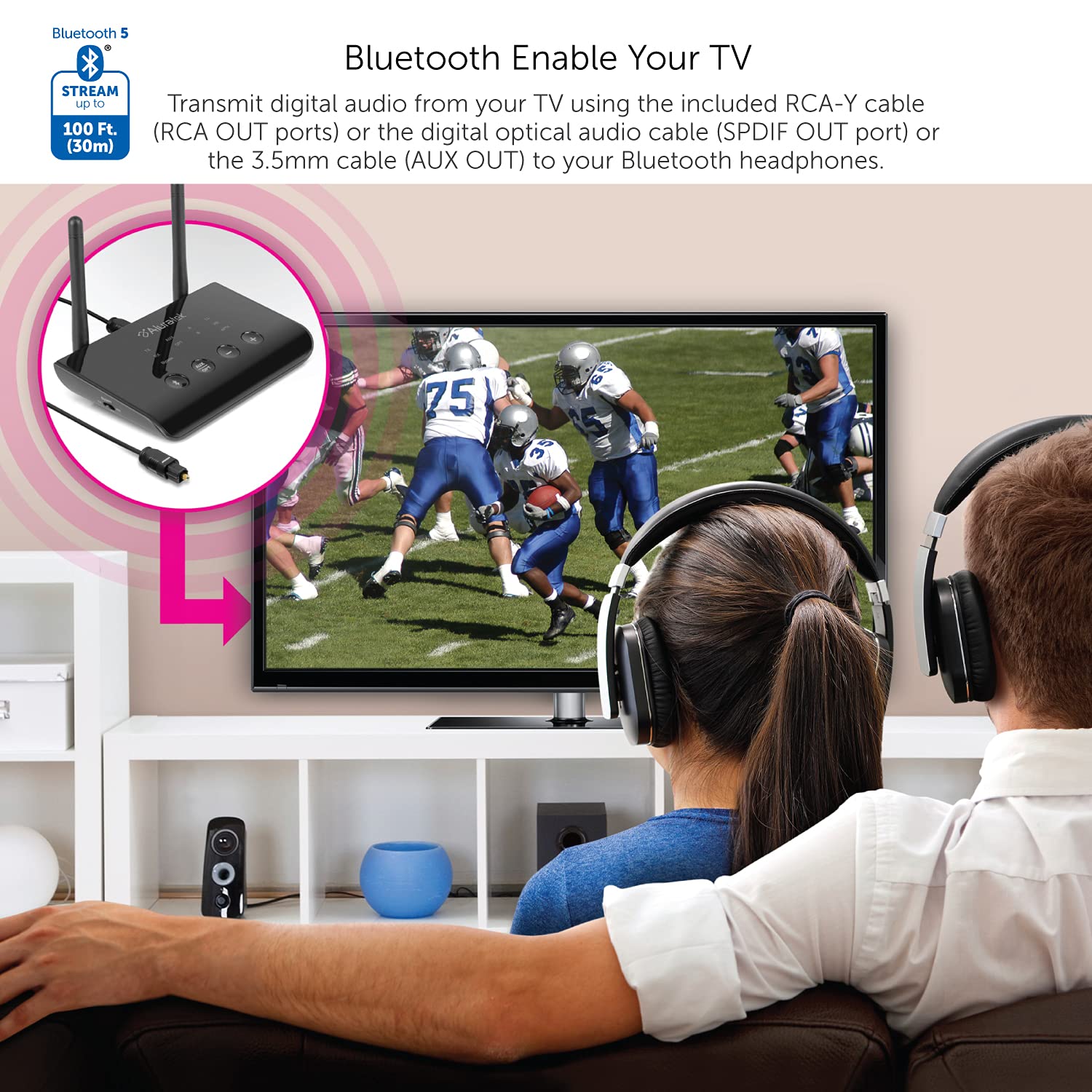 Aluratek Bluetooth Audio Receiver And Transmitter With Low Latency, Dual Antenna, Support Up To 100 Foot Range For Wireless From