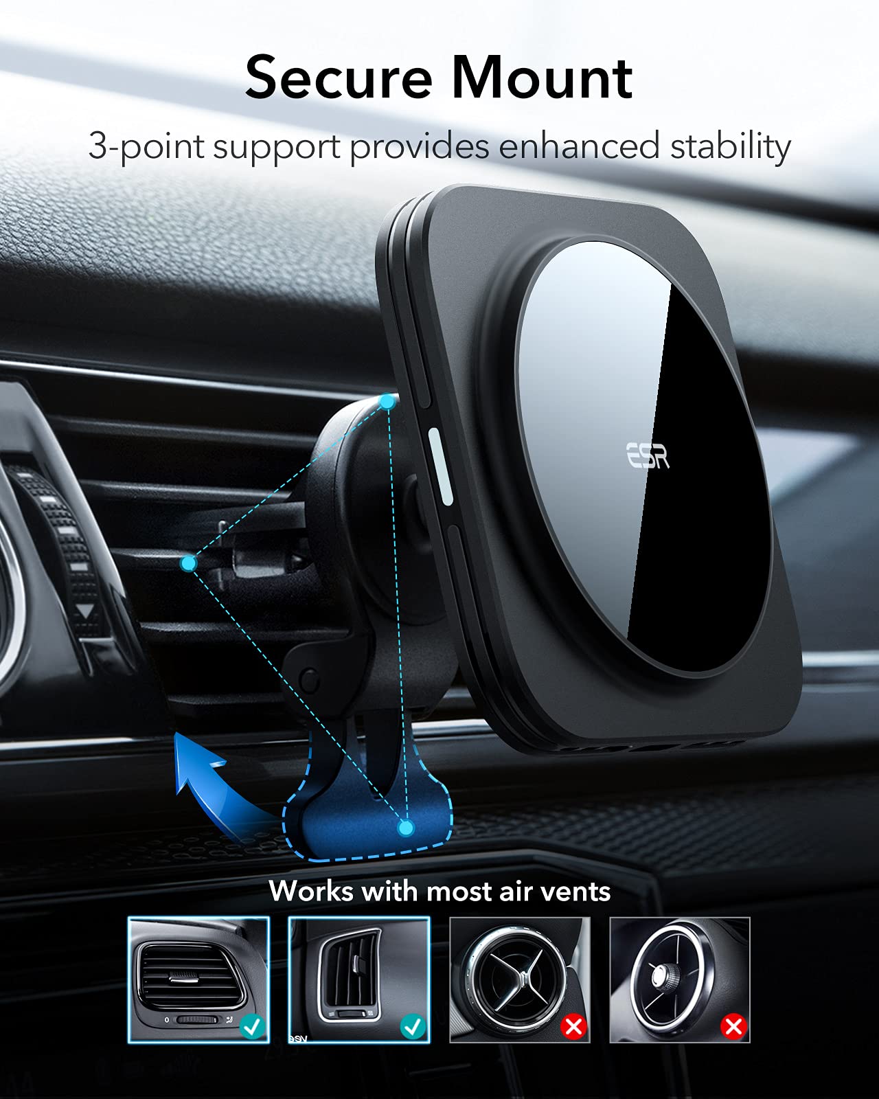 Esr For Magsafe Car Mount Charger, 15W Magnetic Wireless Car Charger, Compatible With Magsafe Car Charger, Air Vent/Dashboard Ph