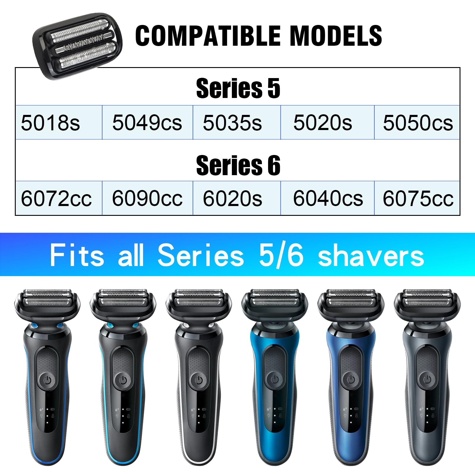 53B Electric Shaver Head Replacement,Compatible With Braun Series 5/6 Shavers Foil 5020Cs 5018S 5035S 5049Cs 5050Cs 6020S 6040Cs
