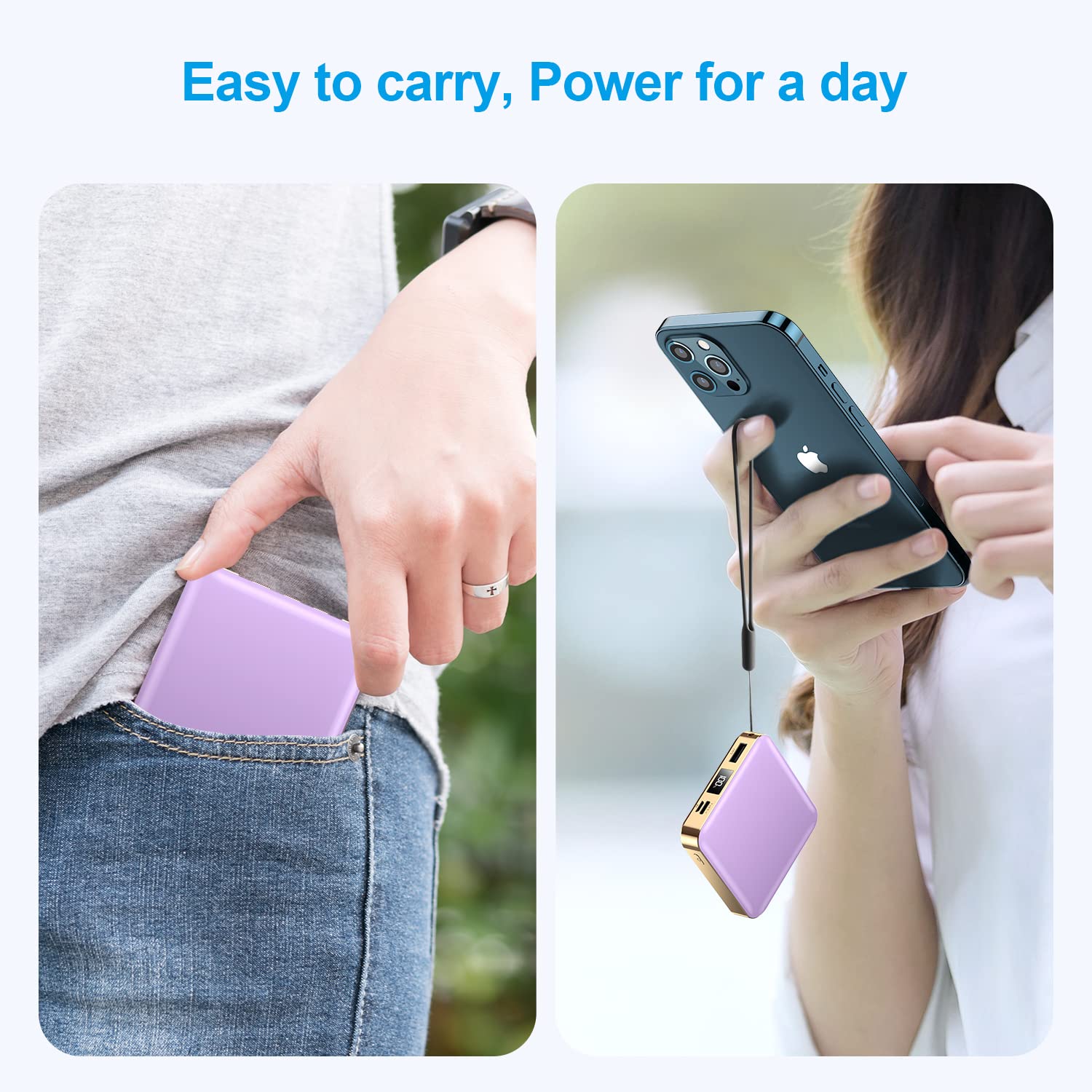 Ummz 12000Mah Small Power Bank,Mini Portable Charger Built In 4 Cables,Usb C Input/Output With Smart Led Display,External Batter