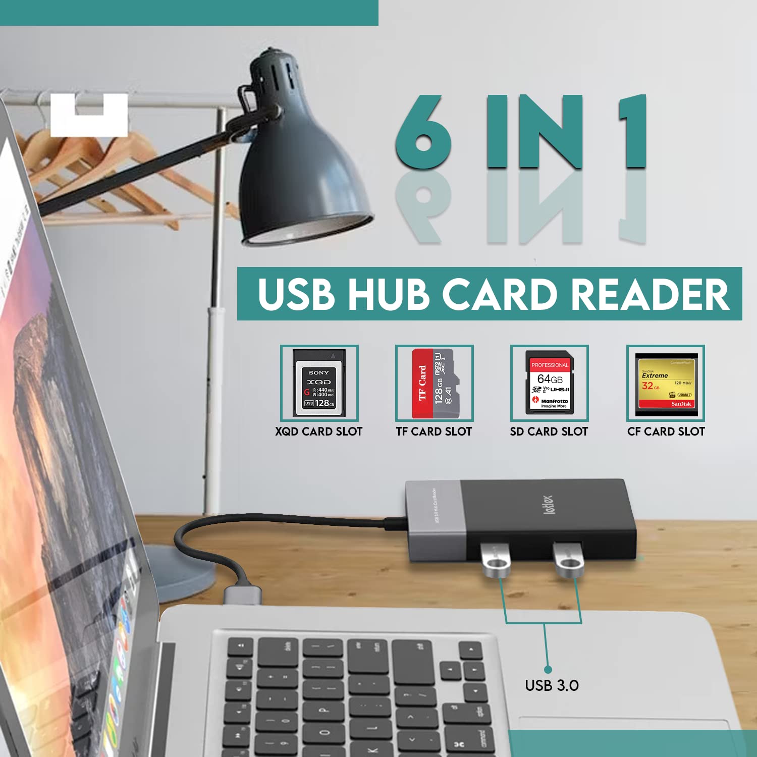 Letlex 6In1 Usb Type A Hub Multiport External Card Reader Sd Tf Cf & Xqd Ports Usb 3.0 Plug & Play High Speed Data Transfer