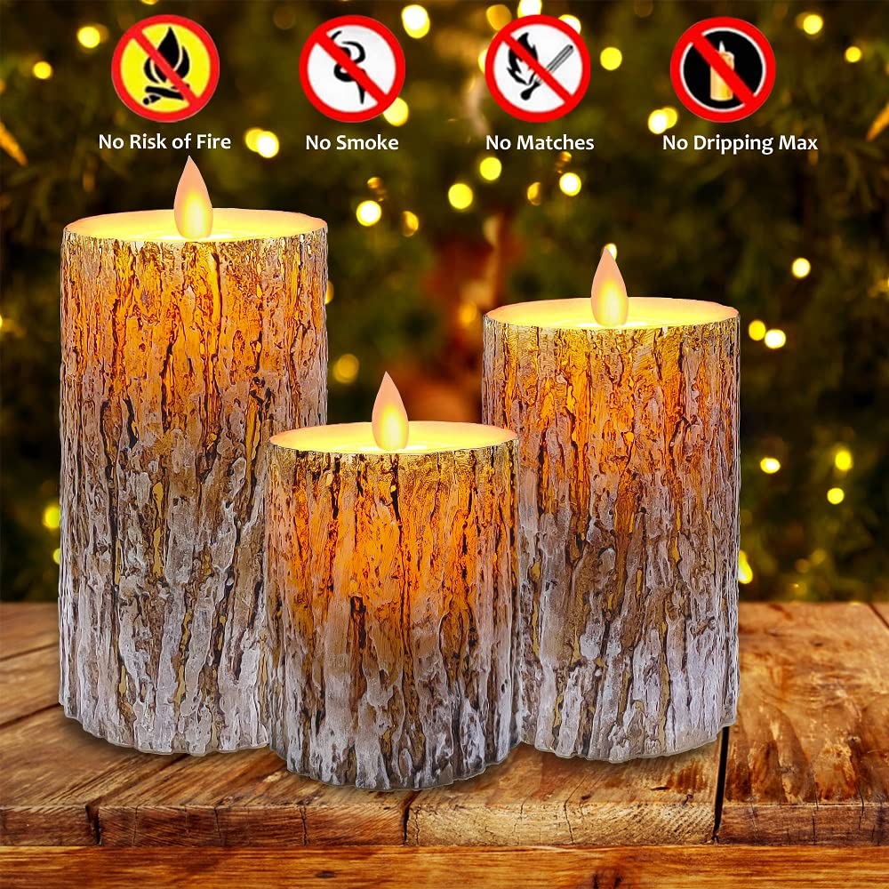 Mivitoom Pine Bark Led Flameless Pillar Candles Battery Operated With Flickering Warm Yellow Light Moving Wicks, Pack Of 3 (D 3