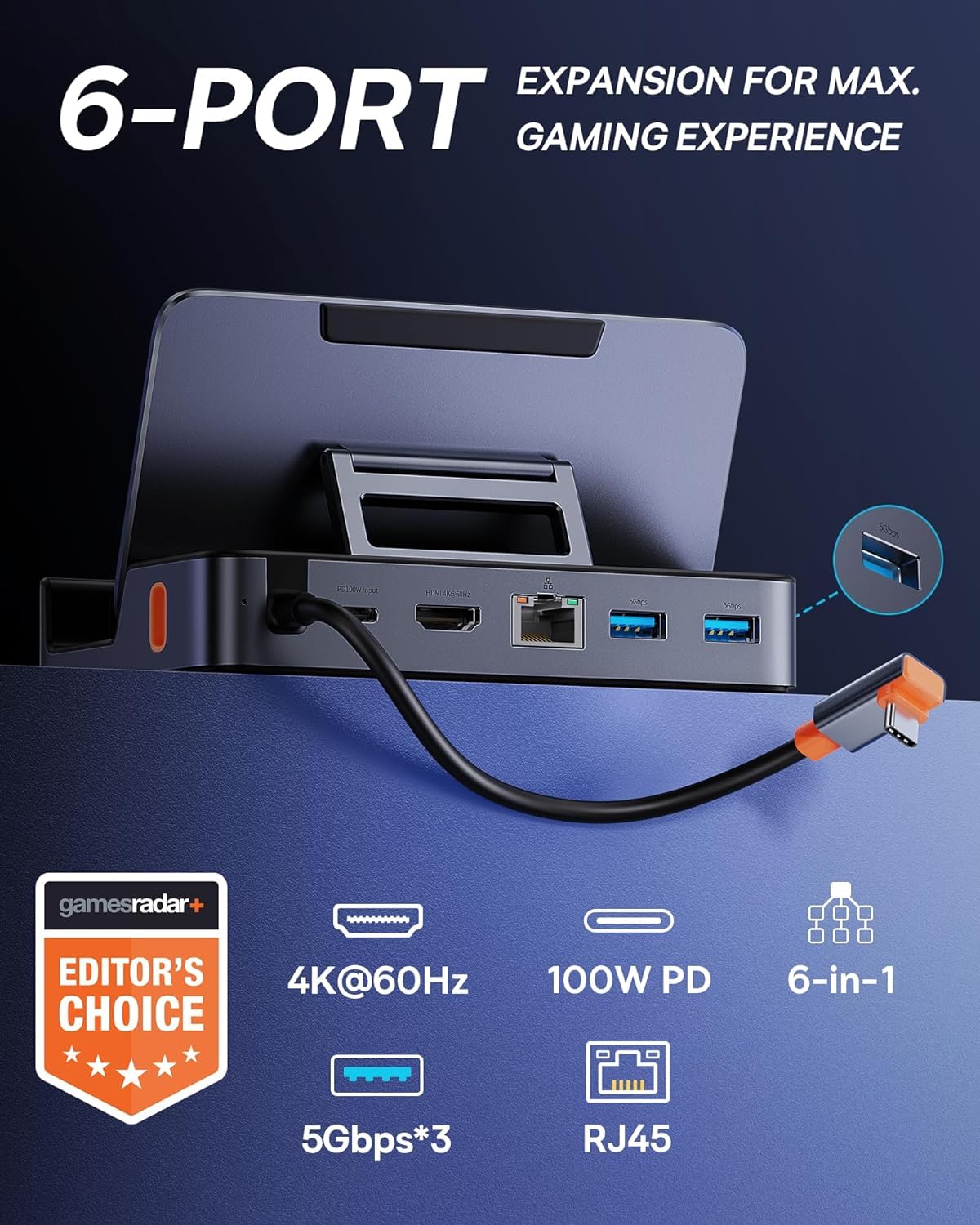 Steam Deck Dock, Baseus 6 In 1 Docking Station For Steam Deck/Rog Ally X/Legion Go With Hdmi 2.0 4K@60Hz, Gigabit Ethernet, Adjustable Stand Design, 100W Pd And 3 Usb A 3.0 Ports