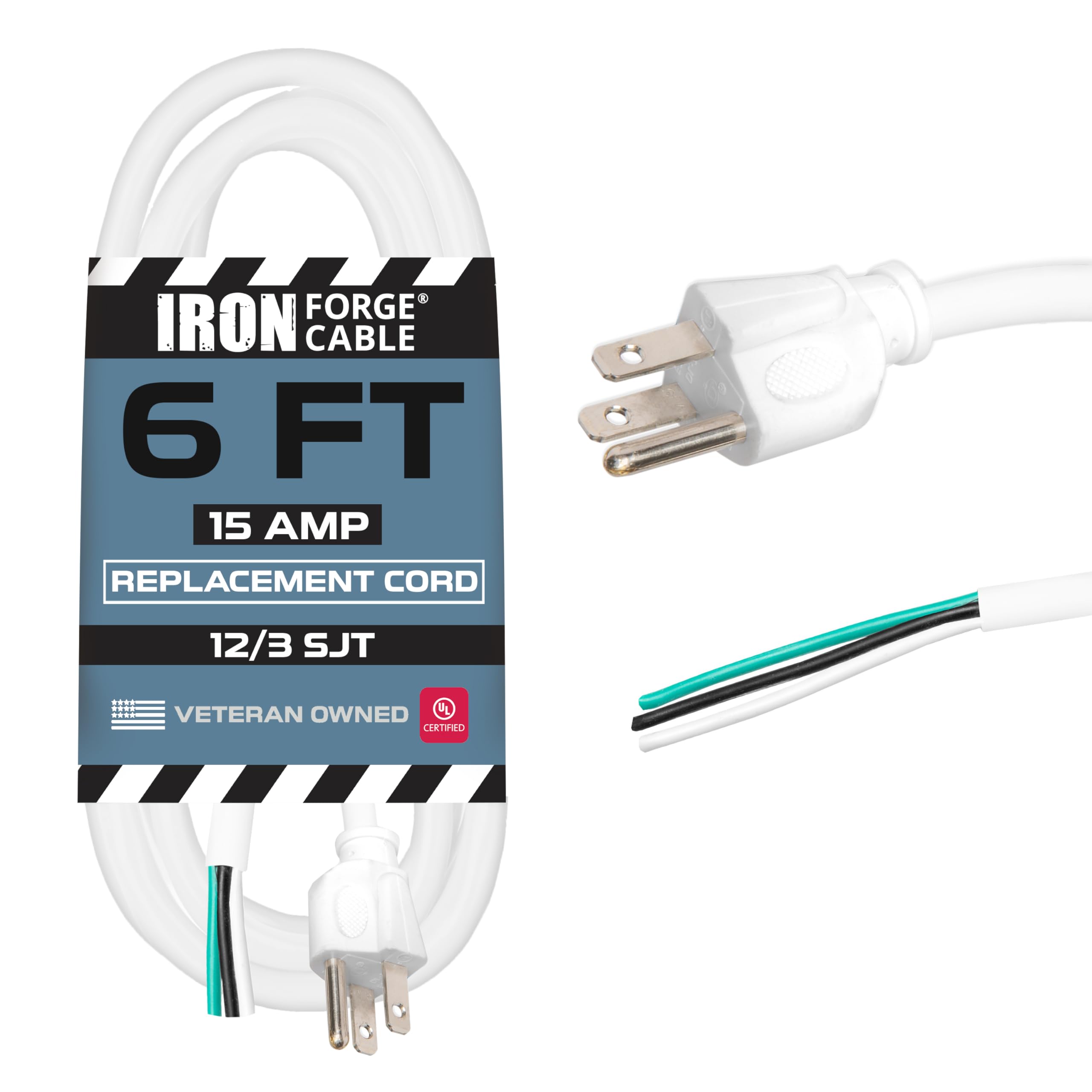 Iron Forge Cable 12 Gauge Power Cord Replacement   6Ft,15 Amp White Heavy Duty Extension Cord, 12/3 Sjt 3 Prong Electric Cable  