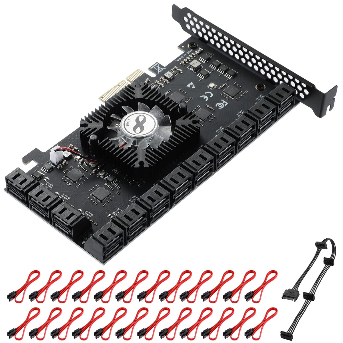 Mzhou Pcie Sata Card 24 Port, 6Gbps Sata 3.0 Pcie Card,Support 24 Sata 4X 8X 16X 3.0 Devices, With Sata Cables&Sata Power Splitter Cable(1064+1812 Chip)