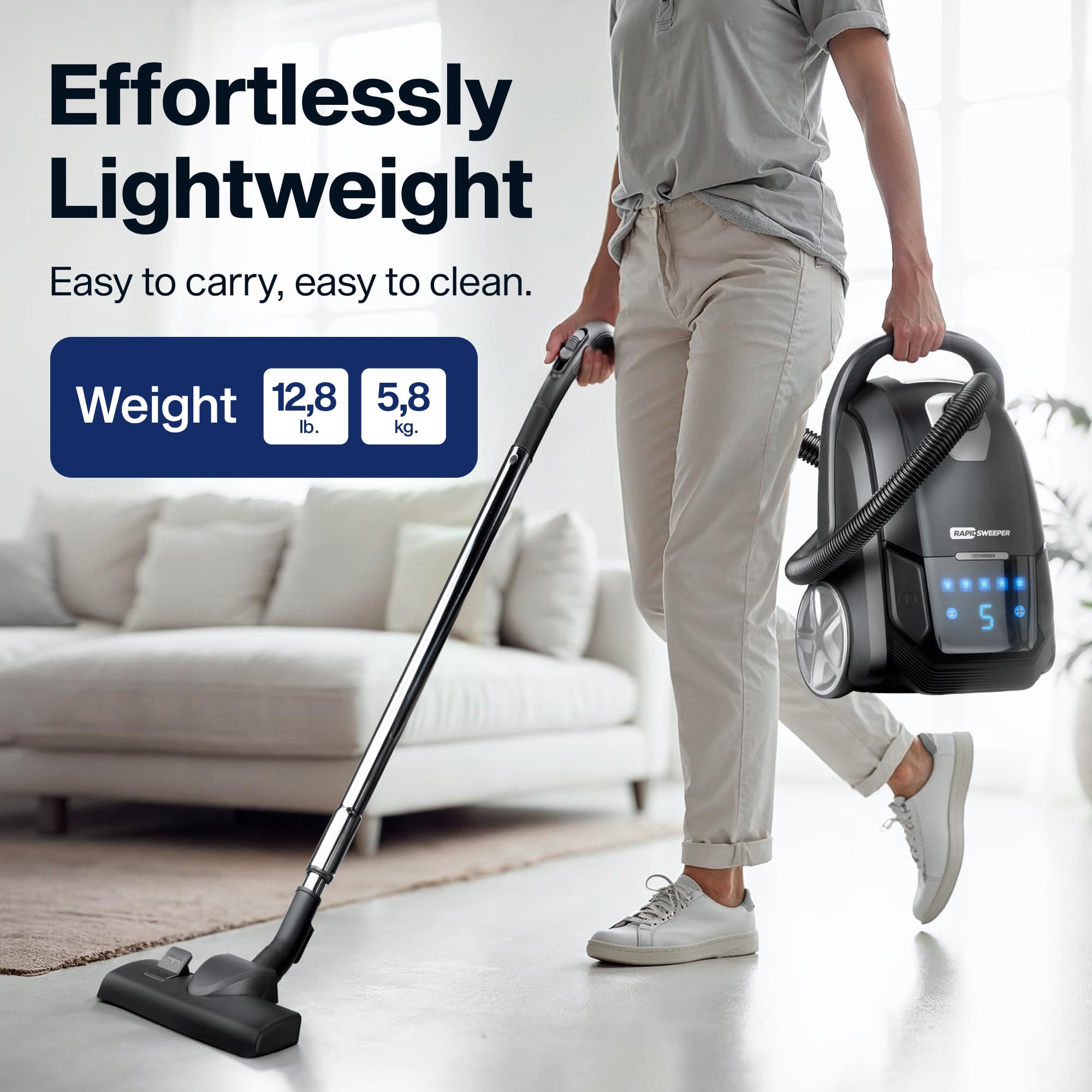 Rapidsweeper Bagged Canister Vacuum Cleaner & Blower For Home   Washable Hepa Filter   5L Capacity   5 Speeds   For Hardwood & L