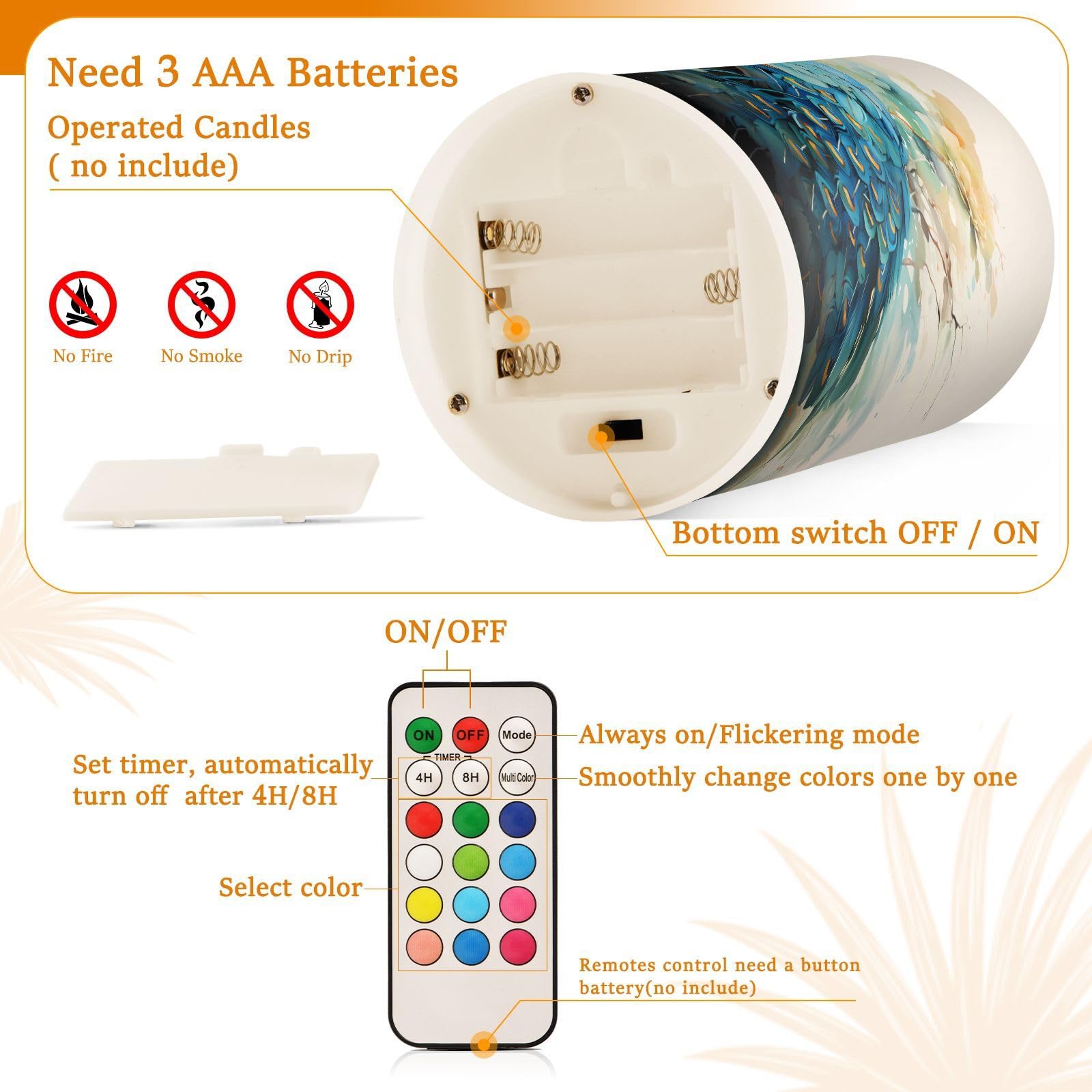 Alaza Blue Peacock Yellow Flowers Flickering Flameless Candles With Remote Timer,Tea Light Candles Pillar Votive Candles Set Of