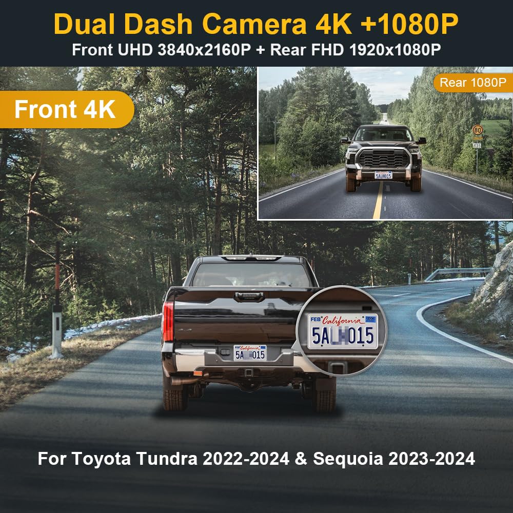 Fitcamx Front 4K+Rear 1080P Dash Cam For 2022 2024 Toyota Tundra & Sequoia 2023 2024 Limited Sr Sr5 Trd Pro Limited Platinum (Ge