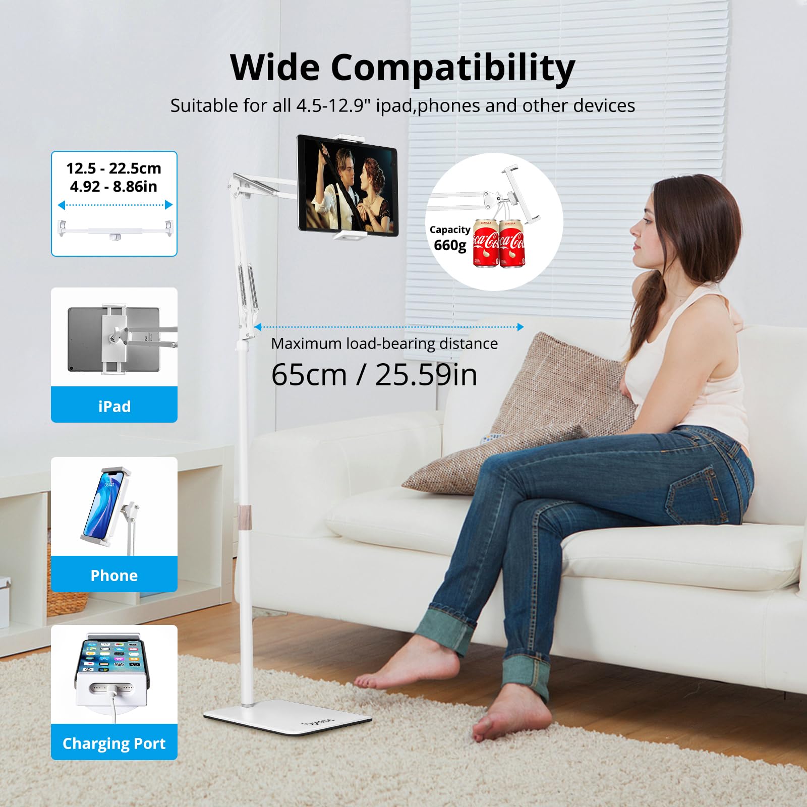 Spessn Tablet Floor Stand, Overhead Bed Phone Mount, Height Adjustable Universal Metal Tablet Holder, Phone Stand For Ipad/Iphon