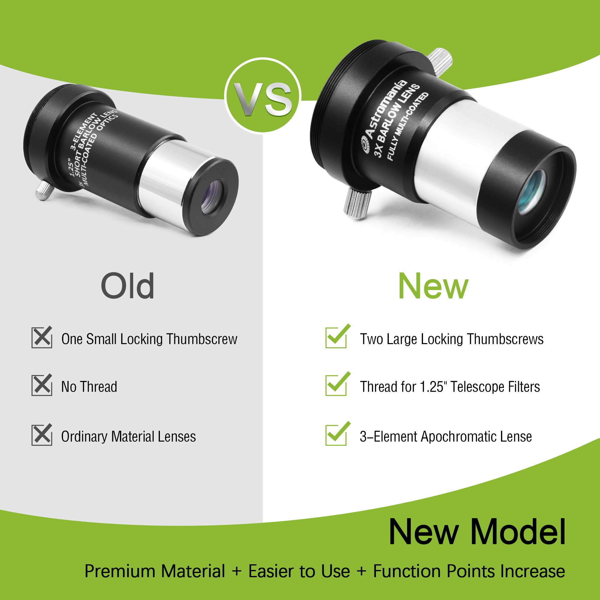 Astromania 3X Barlow Lens 1.25 Inch Fully Multi Coated Metal Short Focus Barlow Lens Internal Brass Ring & Two Fixing Thumbscrew