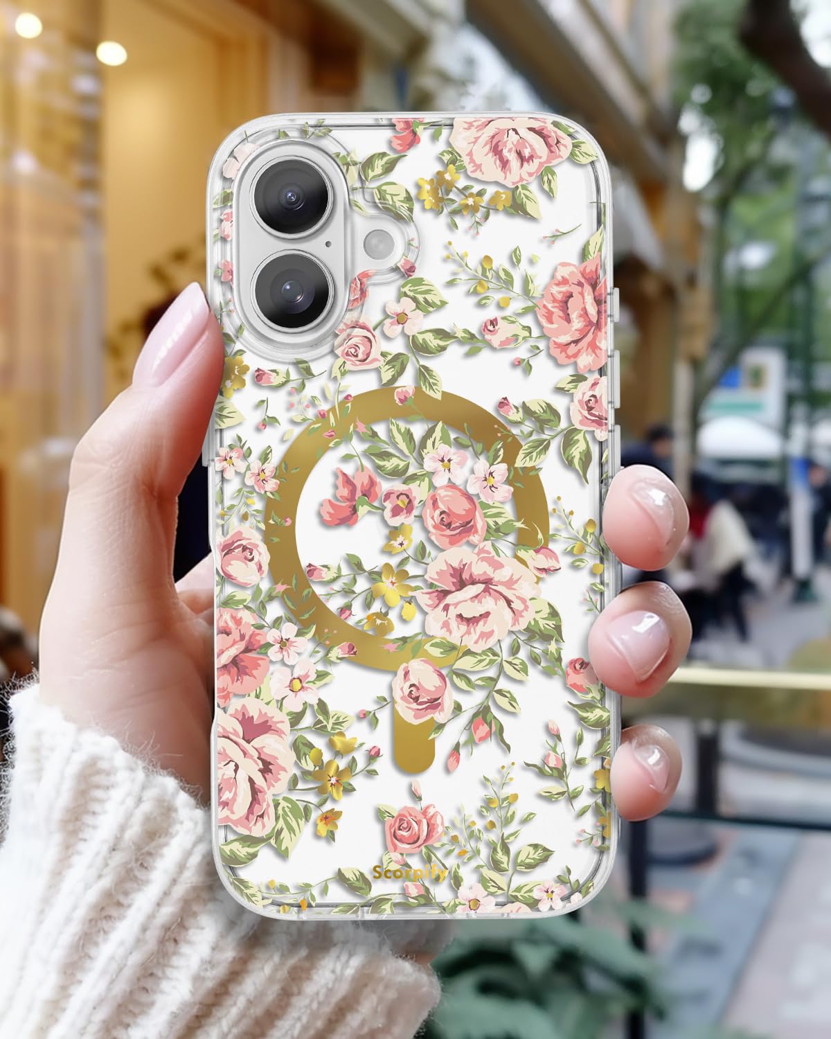 Scorpify For Iphone 16 Case [Compatible With Magsafe] With Country Rose Floral Design, Cute Clear Flower Magnetic Phone Cover Fo